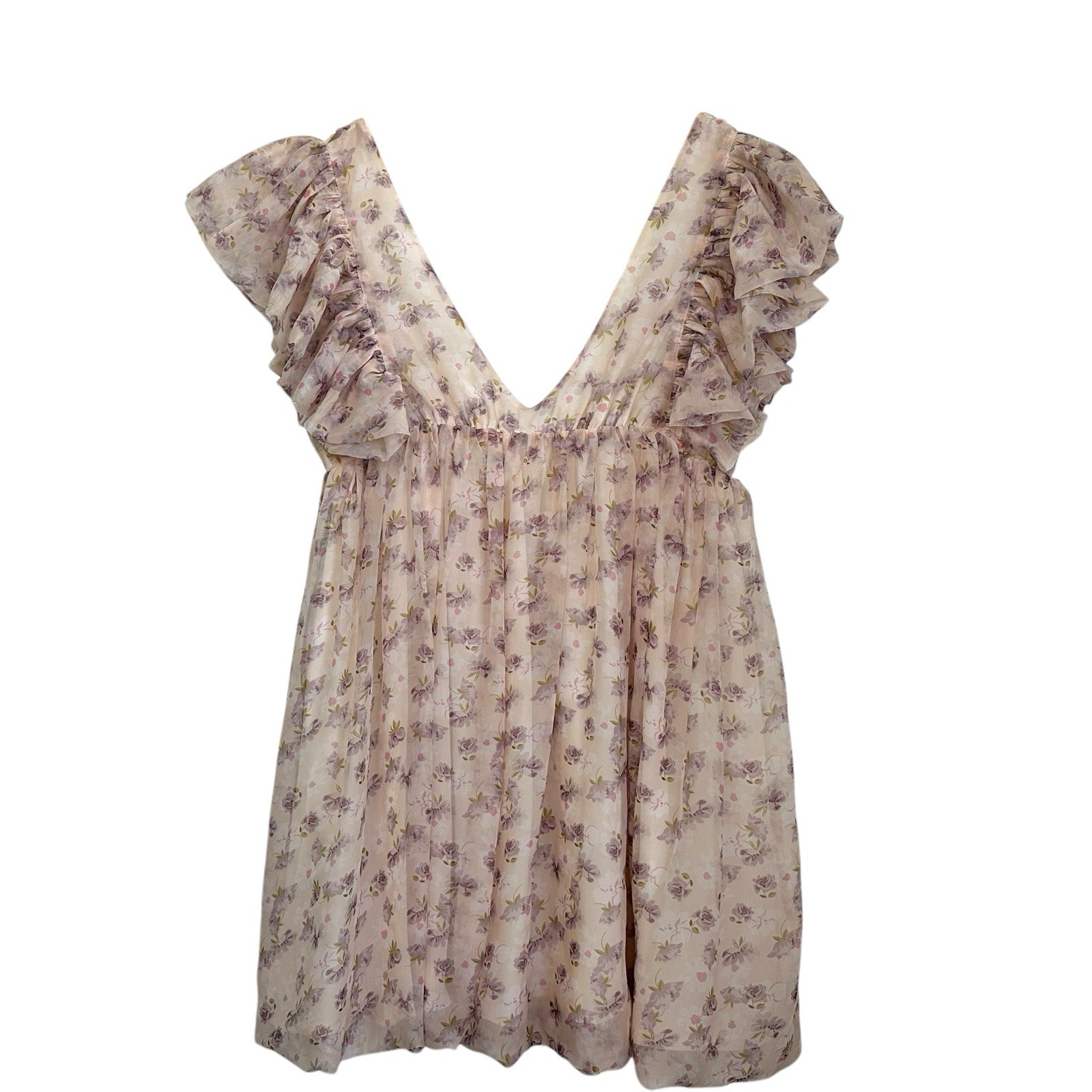 Storia Womens Layla Floral Ruffle Babydoll Dress Size Large Pink/Purple V Neck