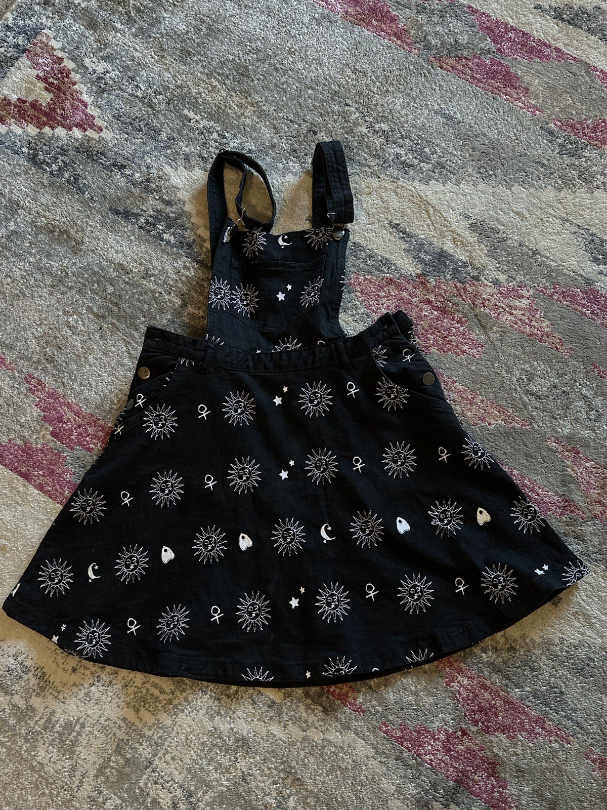 Hell Bunny Oculus Pinafore Dress Women L Black Overalls Mini Goth Witch Spooky
