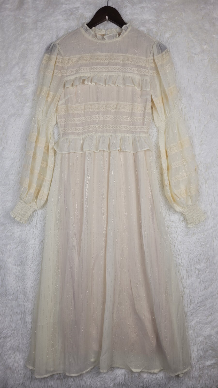 NWT Champagne Strawberry S Ivory Ruffle Maxi Dress Cottagecore Milkmaid Glitter