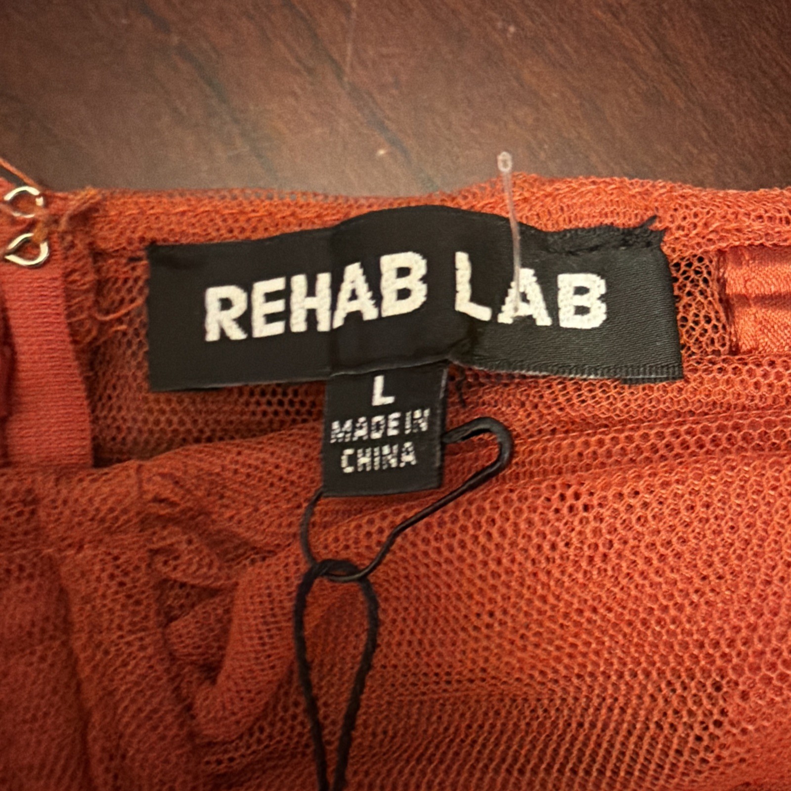 Rehab Lab Sheer Ruched Rust Midi Dress Sz L Tie Up Sides Stretchy Festival Party
