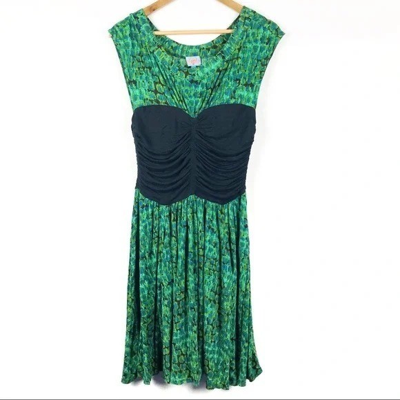 Plenty by Tracy Reese Green Print Ruched Bust Fit & Flare Dress Women’s L Boho