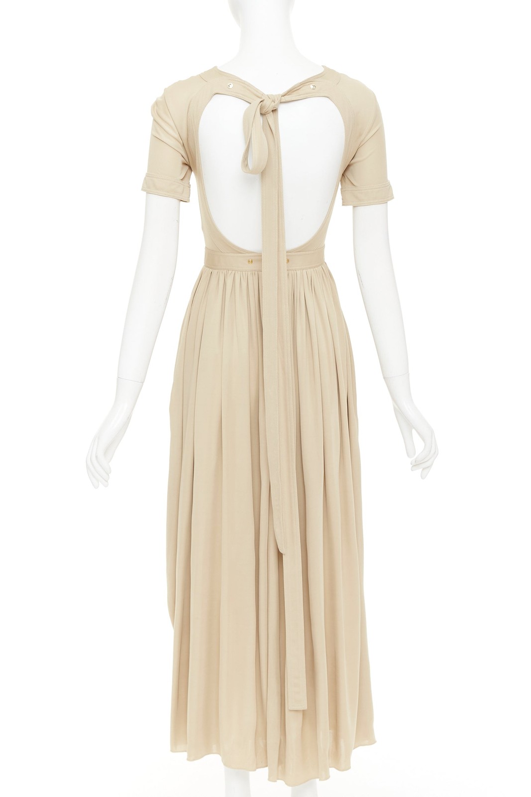 OLD CELINE Phoebe Philo 2016 nude viscose open back tie pleat midi dress FR34 XS