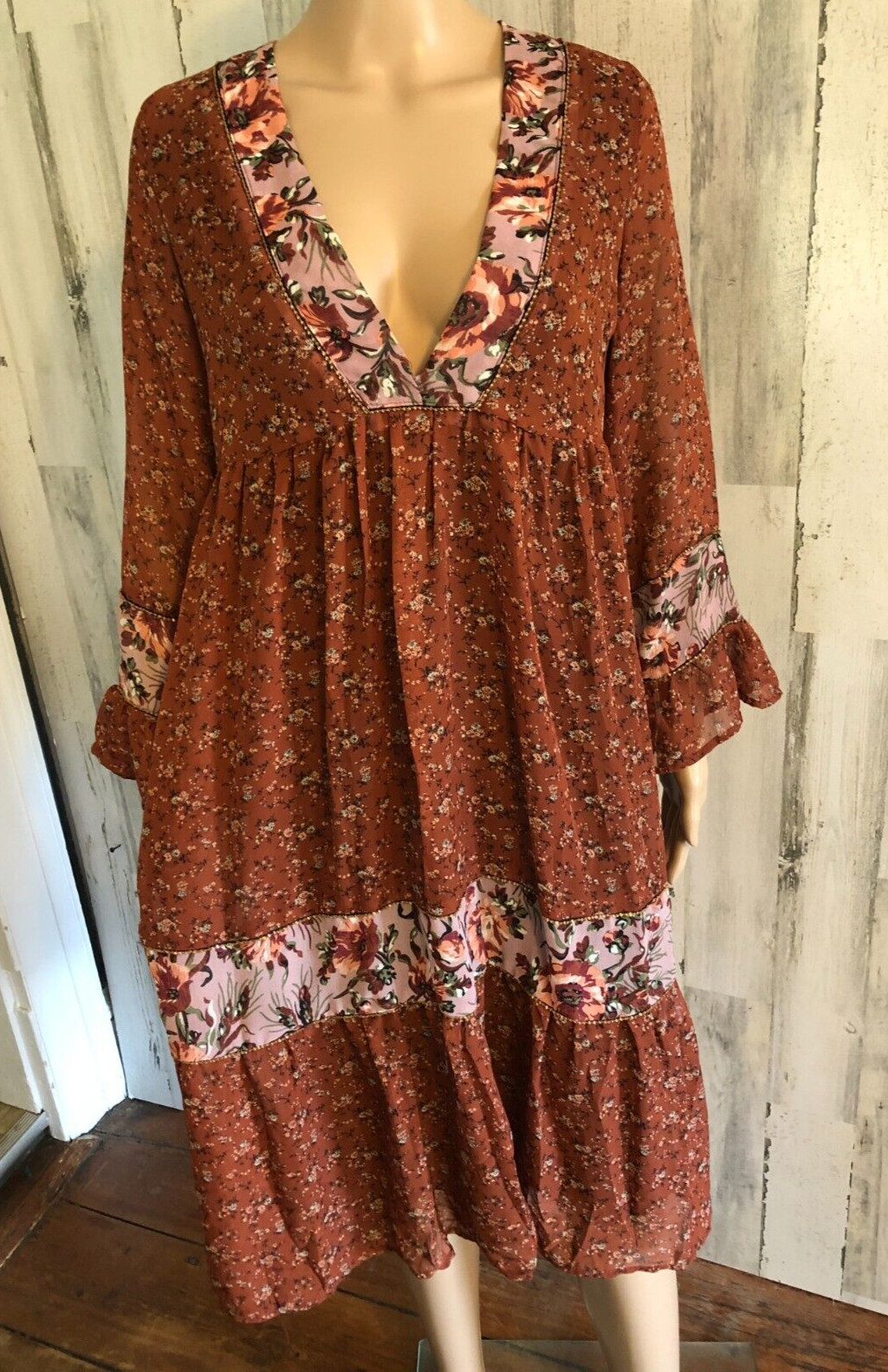 NWT Natura Chiffon Peasant Dress Sz S NWT Tiered Blouse Lined Portugal