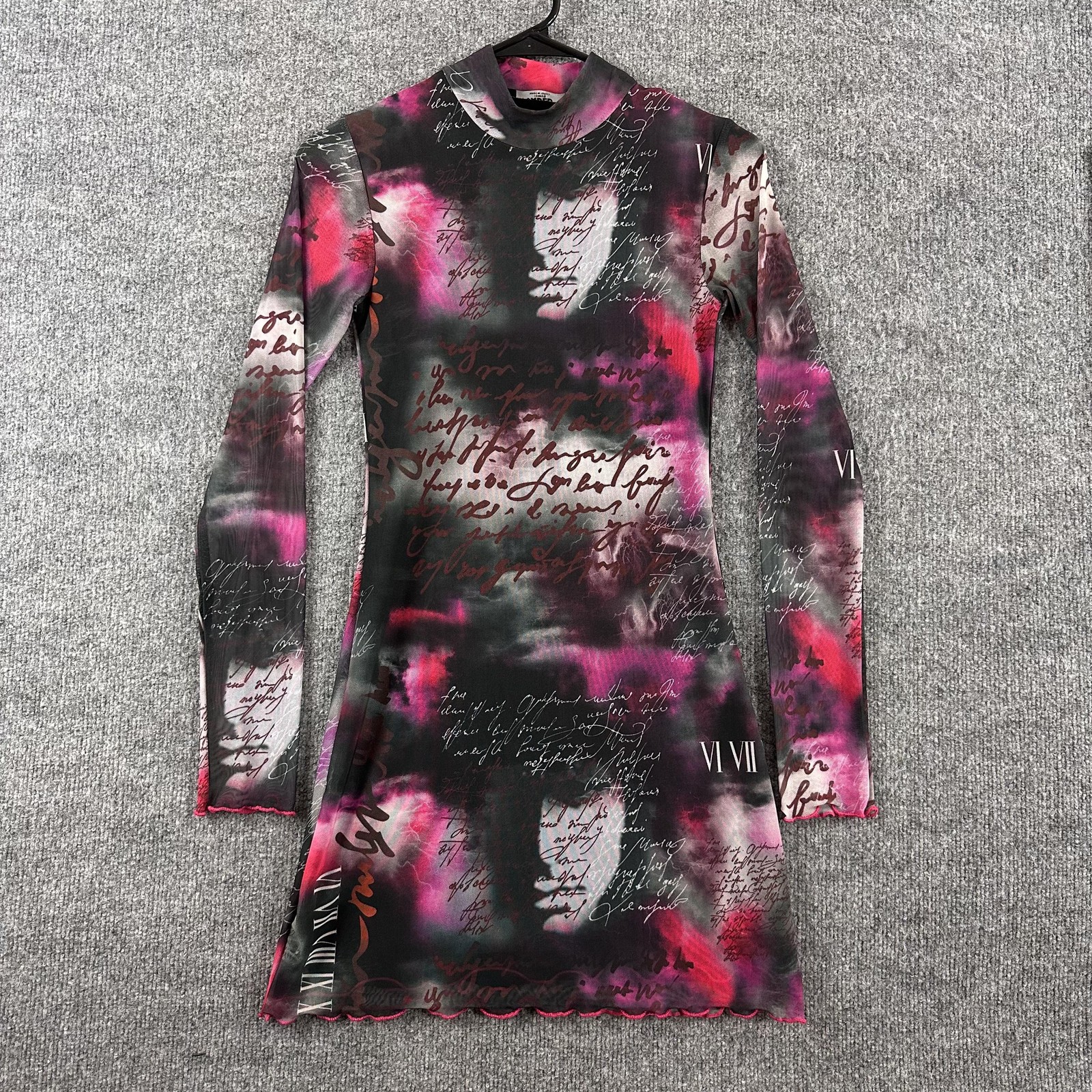 Jaded London Dress 4 Smokey Script Printed Long Sleeve Mesh Mini Y2K Whimsigoth