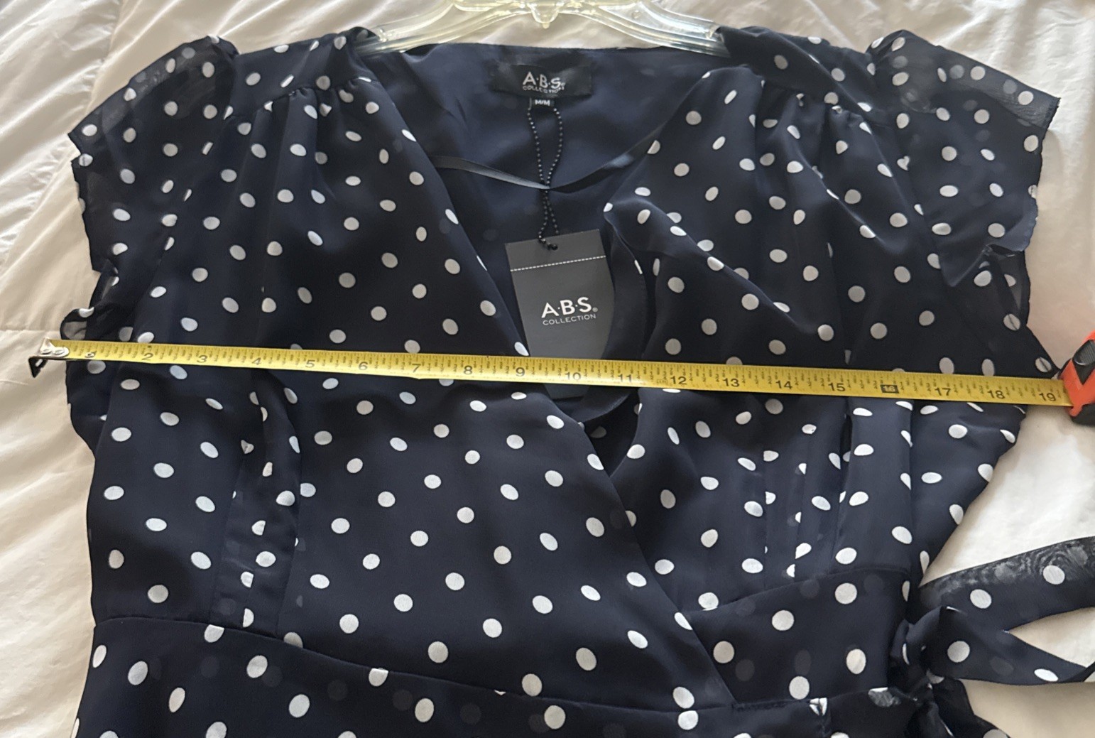 M ABS Collection Allen B. Schwartz Navy Polka Dot Ruffle Lined Midi Wrap dress