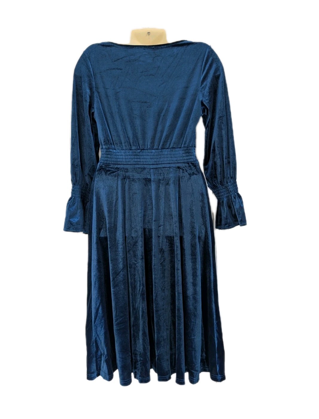 Womens Peacock Blue Velvet Elastic Smocked Waist V-neck Midi Party Dress Size M