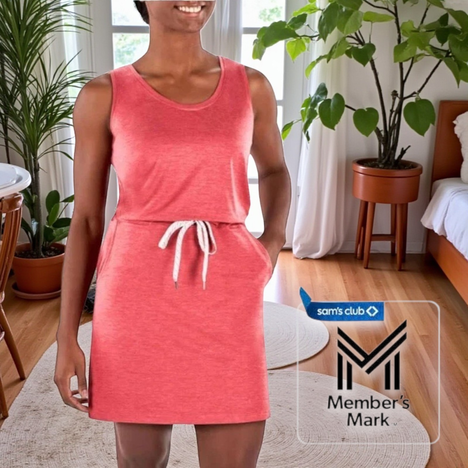NWT Member’s Mark Soft Tank Dress Women’s S Sierra Heather Pink Drawstring