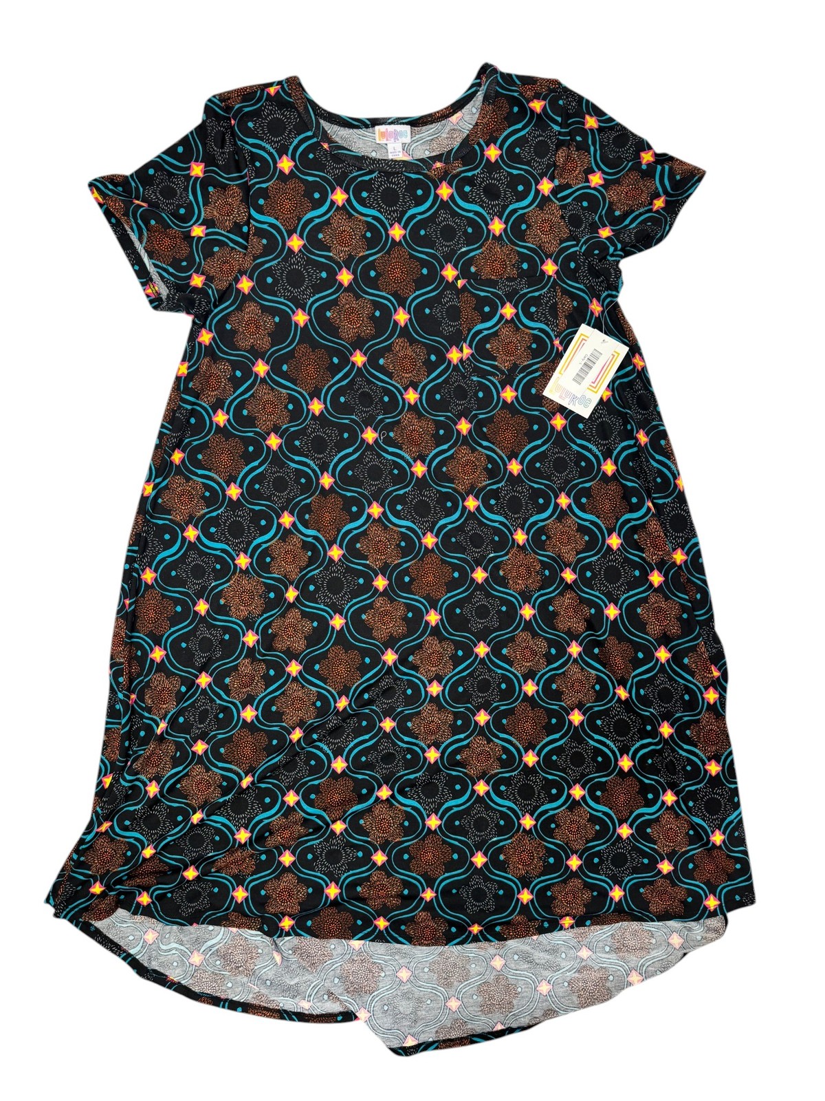 LuLaRoe Carly Dress Women’s L Large Black Multicolor Abstract Hi-Low Hem Short