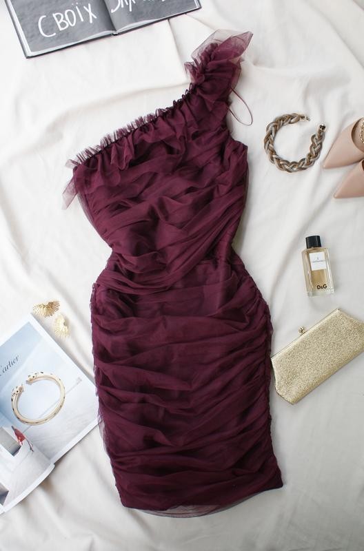 Lipsy Burgundy Mesh Ruched Bodycon Midi Cocktail Dress UK 14 US 10