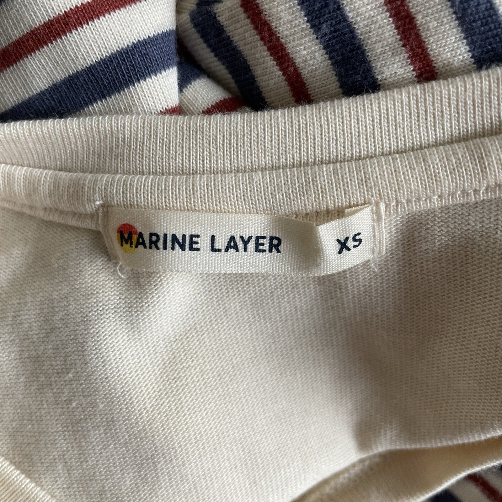 Marine Layer April Stripes Pocket Mini Shirt Dress XS Cream Blue Red