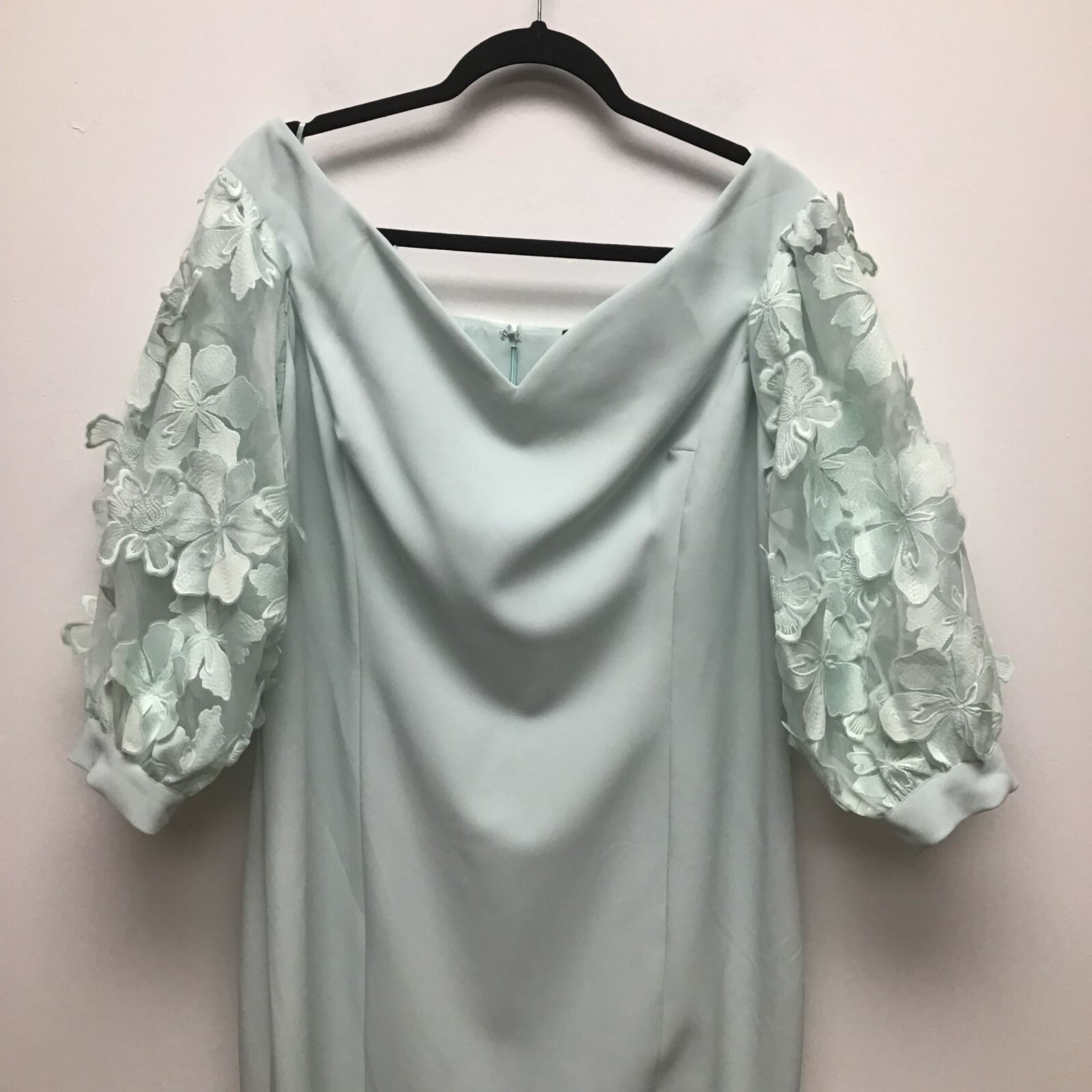 Alberto Makali Womens Sky Blue Embellished Lace Sleeve Knee Slit Midi Dress 16