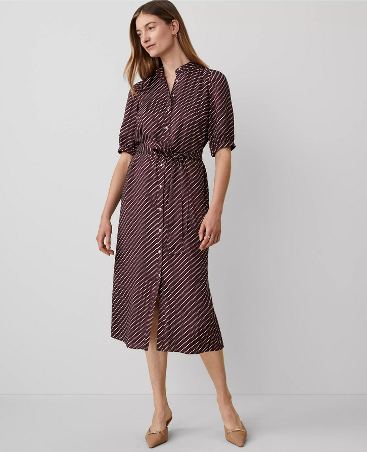 NEW ANN TAYLOR $169 PLUM ROSE DOTTED STAND COLLAR BELTED MIDI SHIRTDRESS SZ 10P
