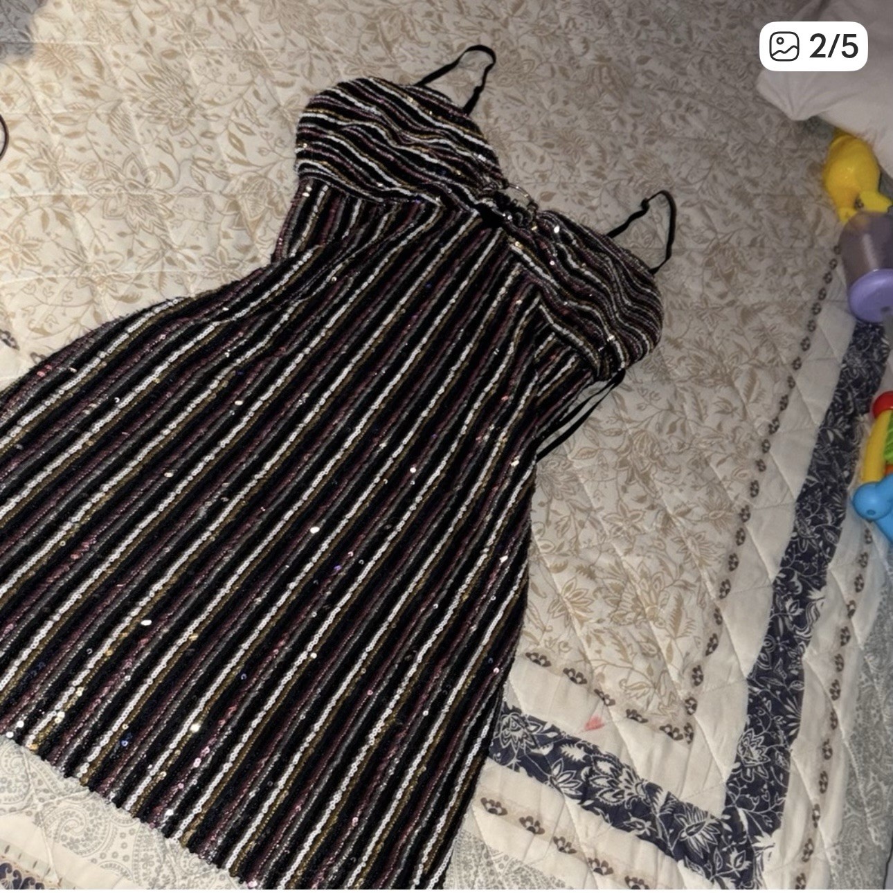 City Vibe Sequin Striped Bodycon Mini Dress Black Gold Pink Size 11