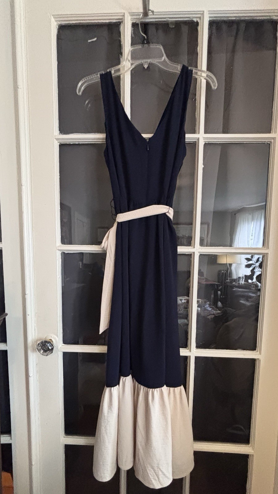 Navy/Cream Sleeveless Midi Fit & Flare Dress V-Neck Colorblock Belted