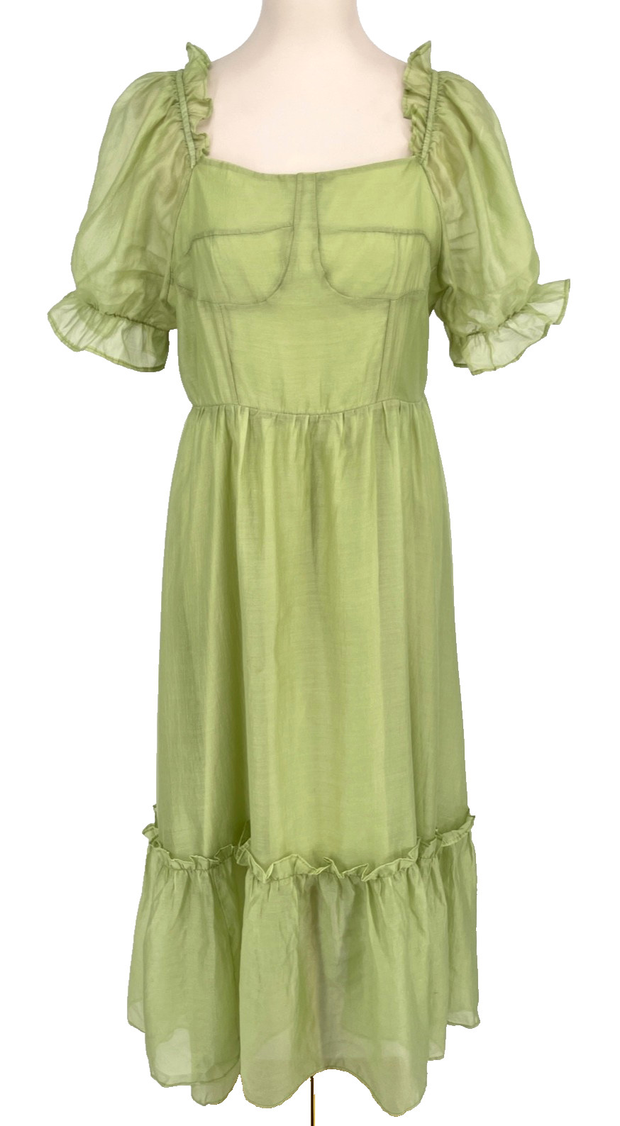 Women L/XL Celery Green Square Neck Puff Sleeve Midi Dress ruffle peasant corset