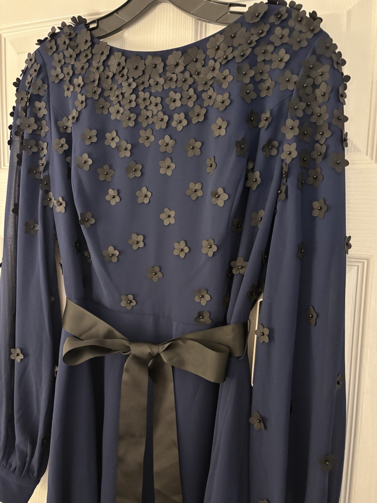 SHANI Blue/Black Floral Fit & Flare Knee Dress LS Boat Neck Bow 8 S-2234
