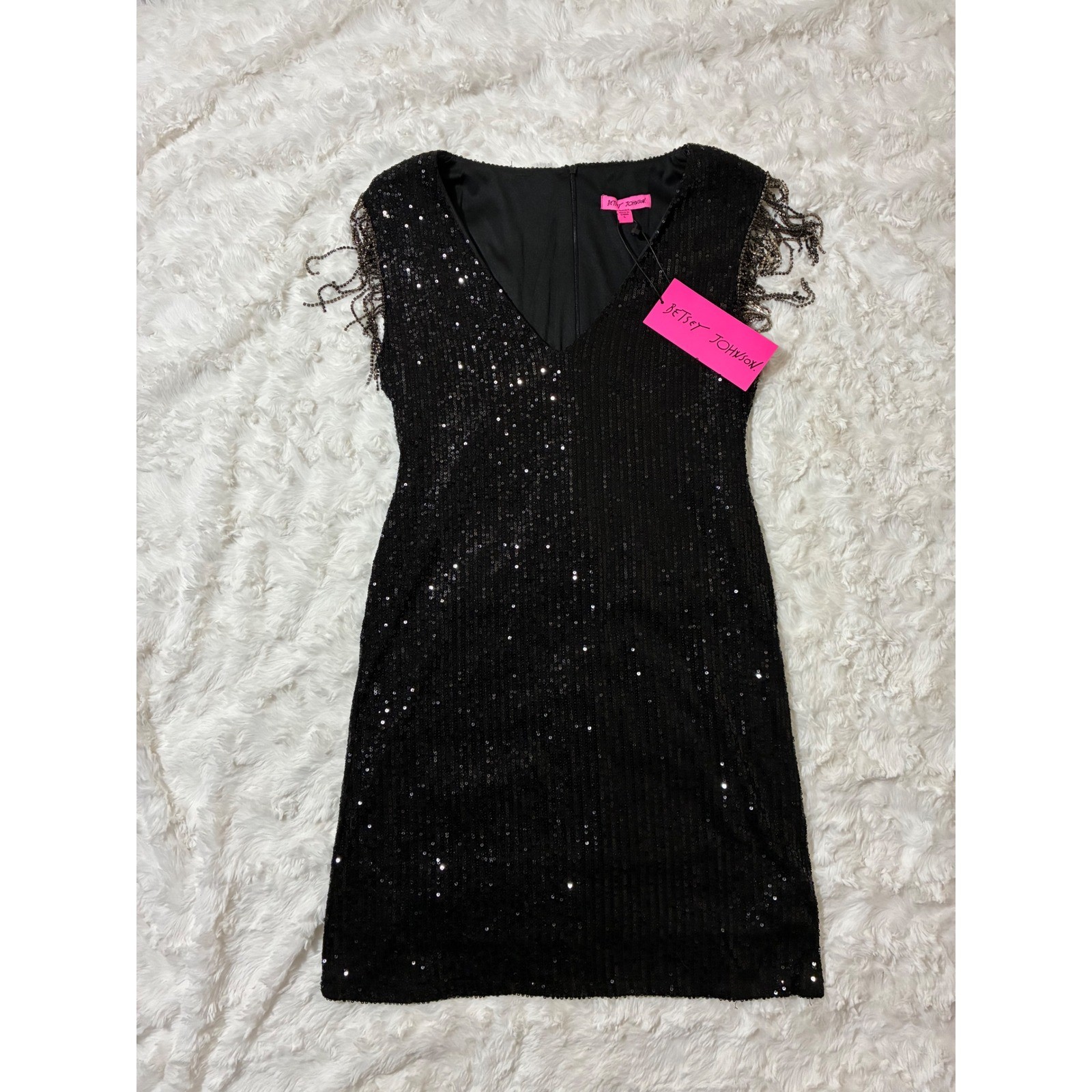 Betsey Johnson Black Sequin Mini Dress Rhinestone Fringe V-Neck JM38216X New