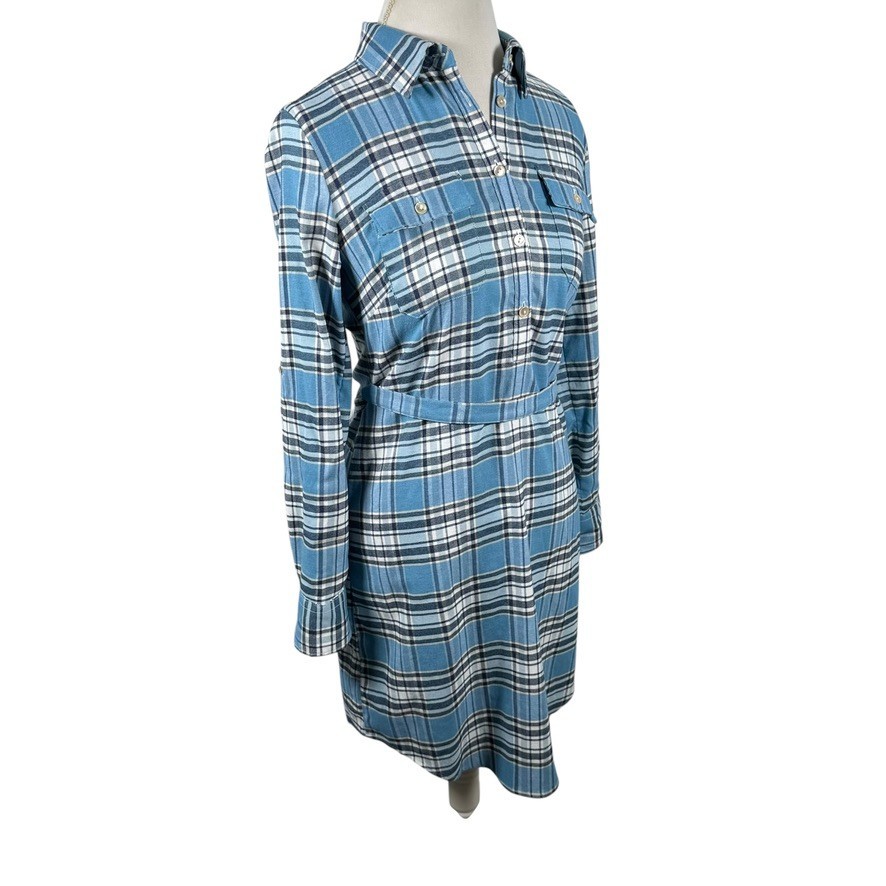 Peter Millar Blue Plaid Shirt Dress Flannel Belted Roll Tab Slvs Preppy Size S