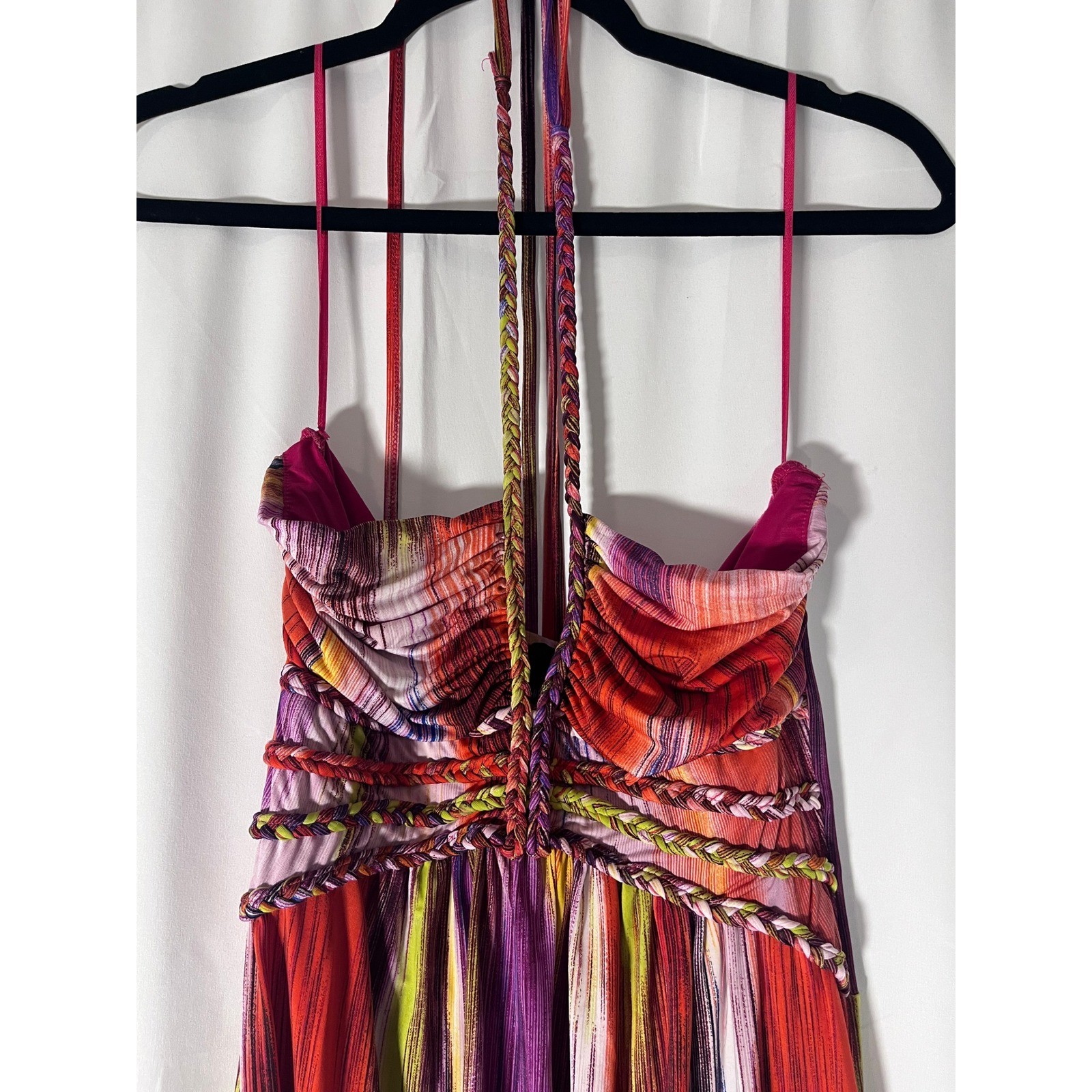 Cynthia Rowley Y2K Colorful Halter Maxi Dress M Braided Detail Resort Artsy
