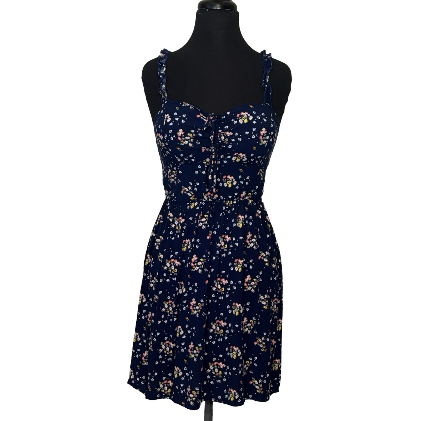 AUW Womens Floral Dress M Navy Pink Smocked Built In Cups Summer 33″