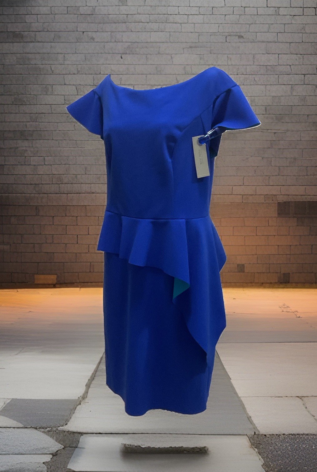 Teri Jon Women’s Blue/Teal Solid Sheath Peplum Boat Neck Knee Dress 18