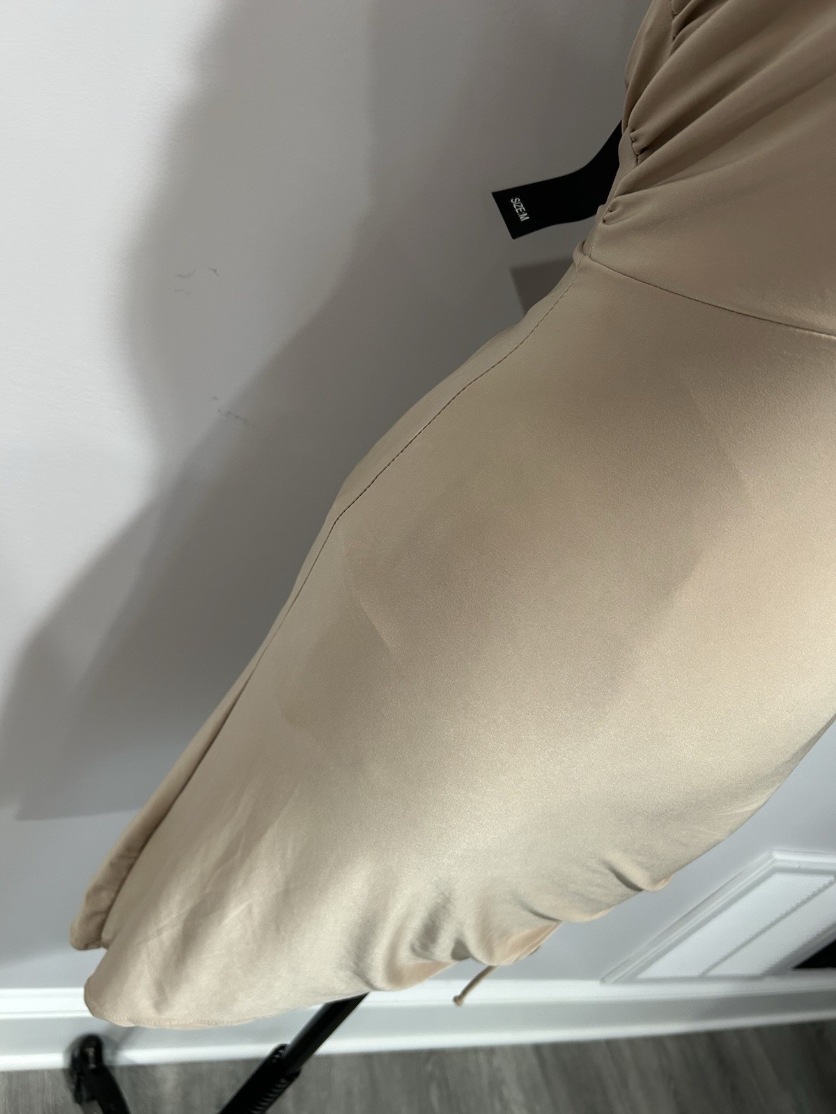 Saint Beige Solid Halter Ruched Stretch Bodycon Midi Dress M Mesh Poly/Spandex