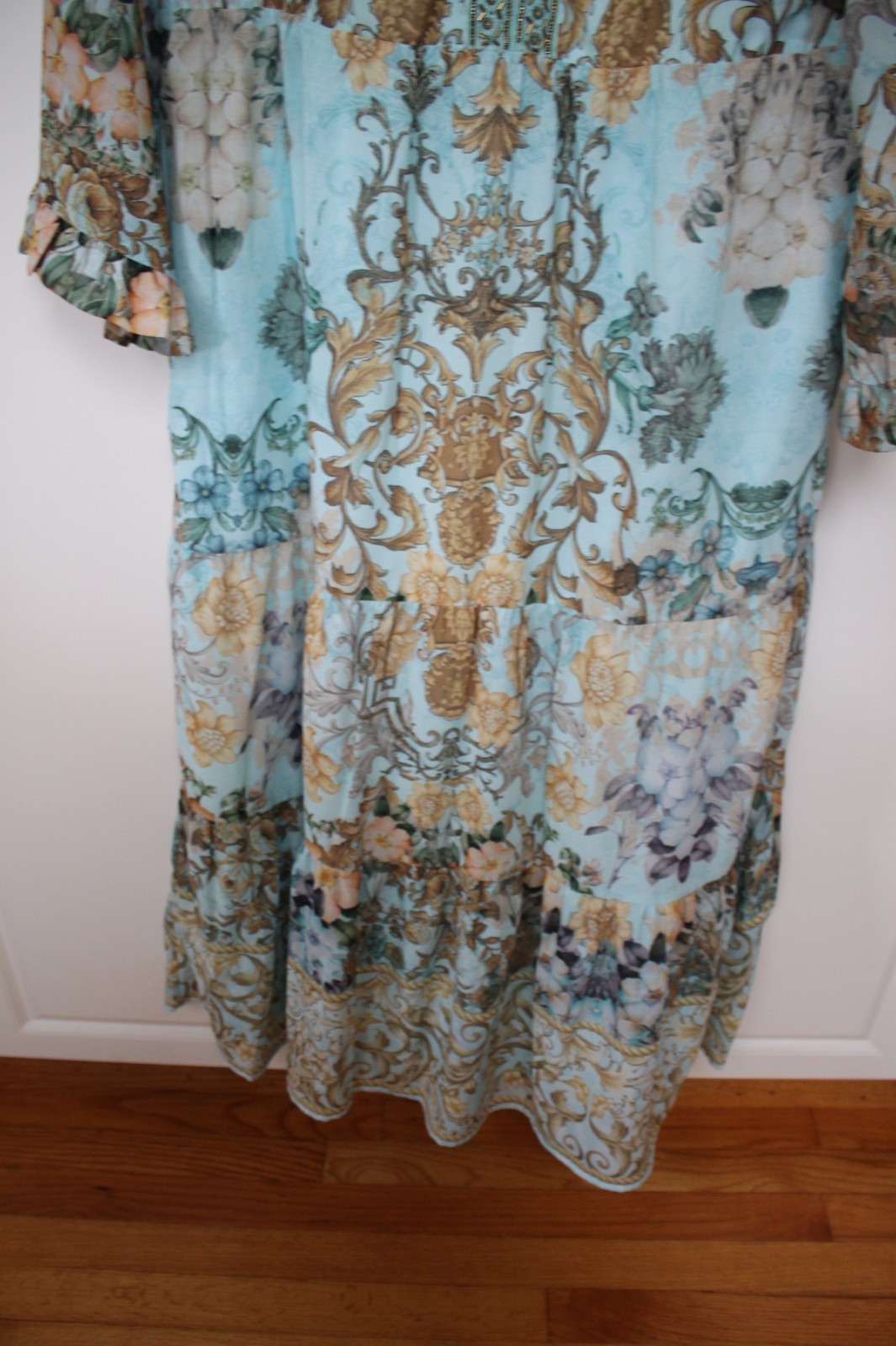 Soft Surroundings Blue Gold Floral Baroque Bead V-Neck Tier Maxi Dress M SUPERB!