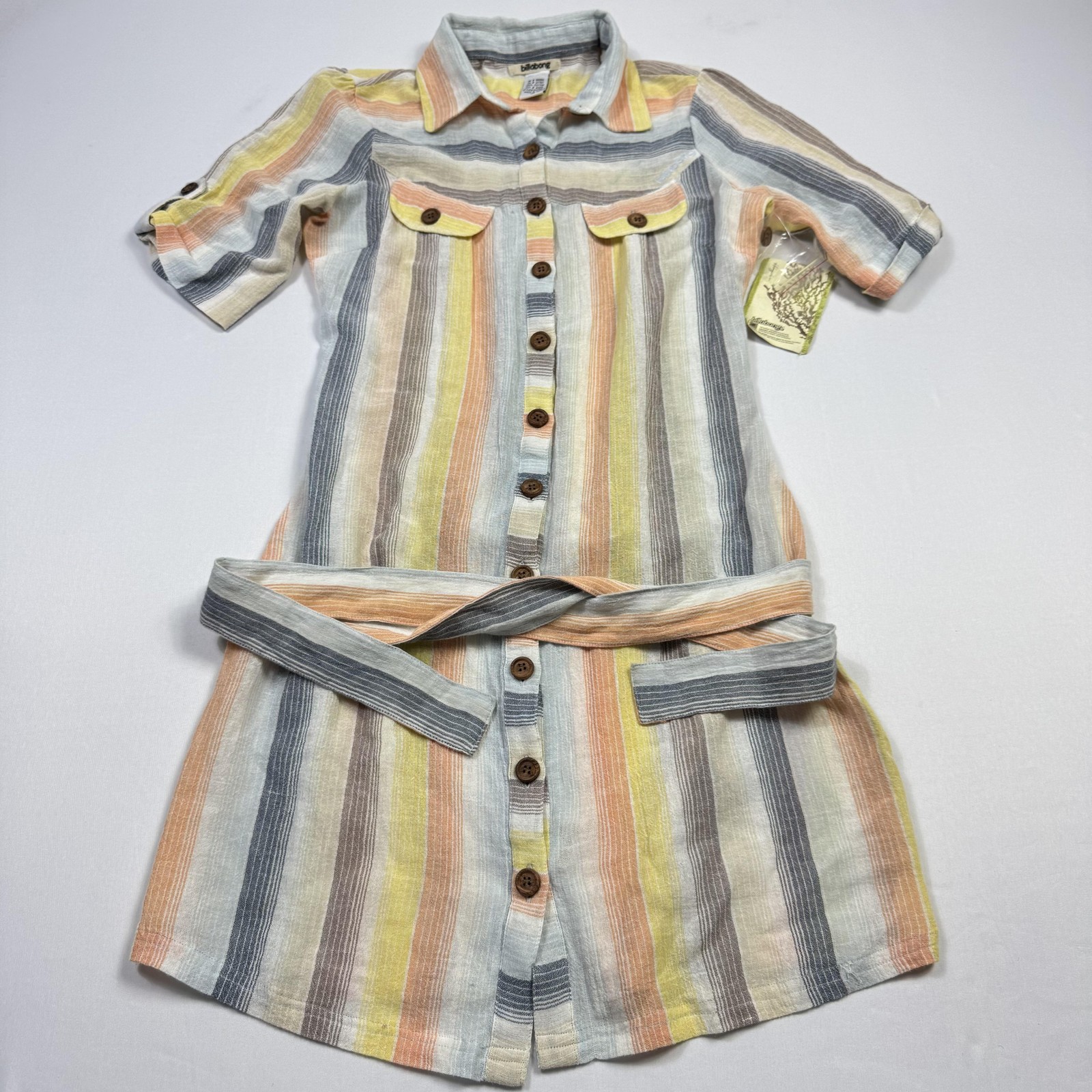Billabong Shirt Dress Womens Medium Multicolor Striped Belted Cotton Pockets
