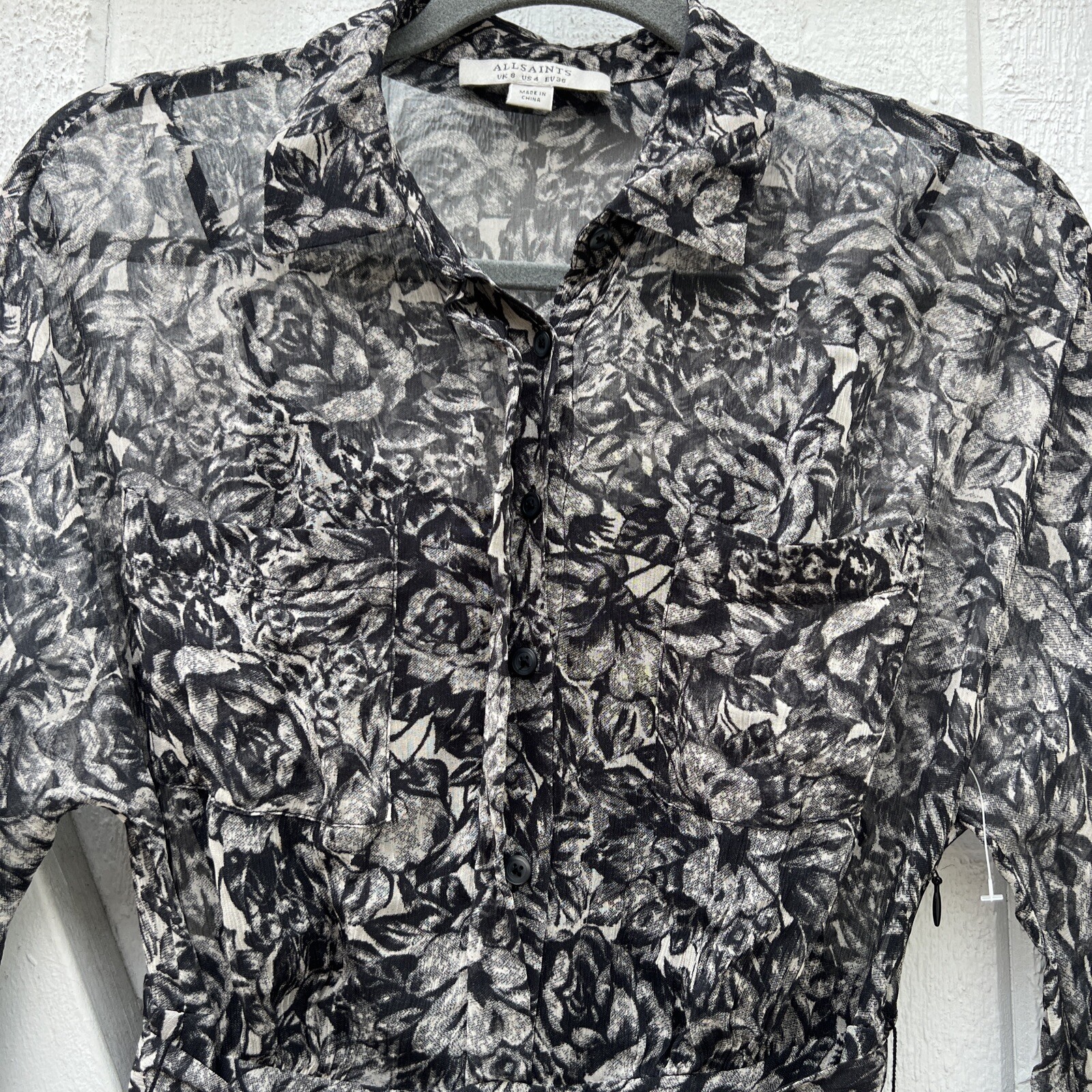 New $290 All Saints Eley Rosey Black Grey Midi Floral Women’s US 4 Viscose D9