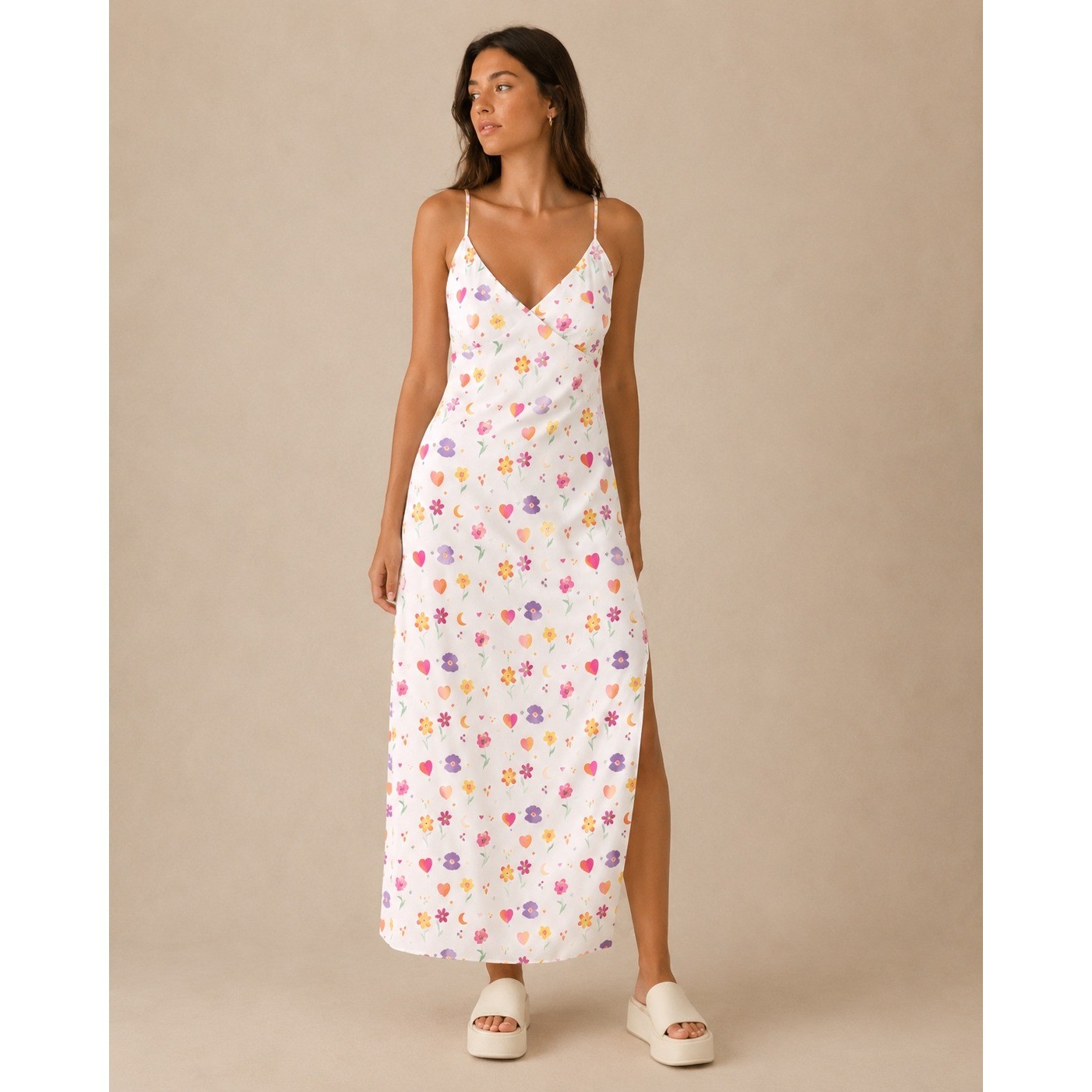 Princess Polly My Love Maxi Dress White Multi Floral Heart Moon Satin US 4 NEW
