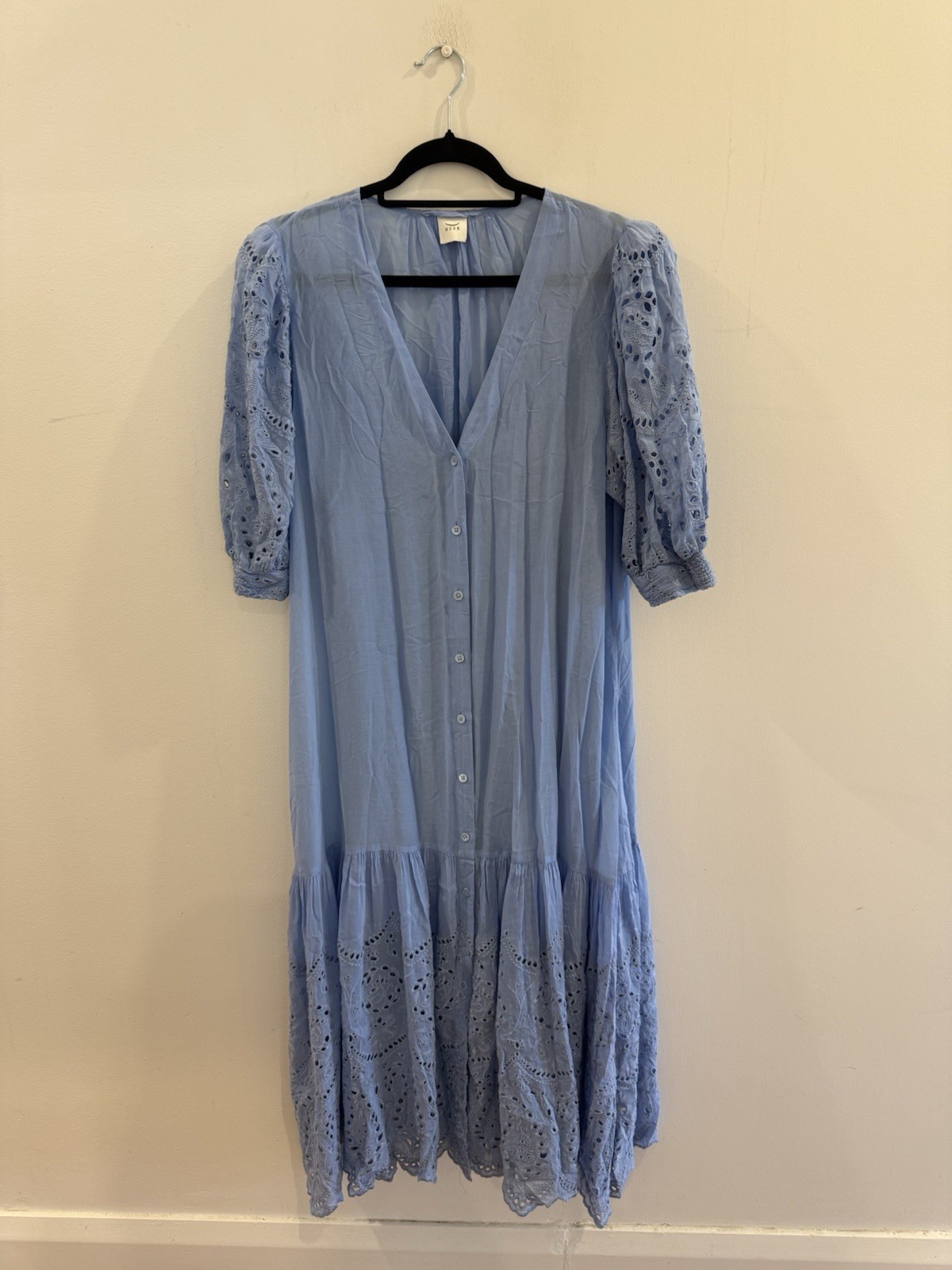 Husk Baby Blue Button Up Smock Dress With Eyelet Ballon Sleeves And Hem Size 16