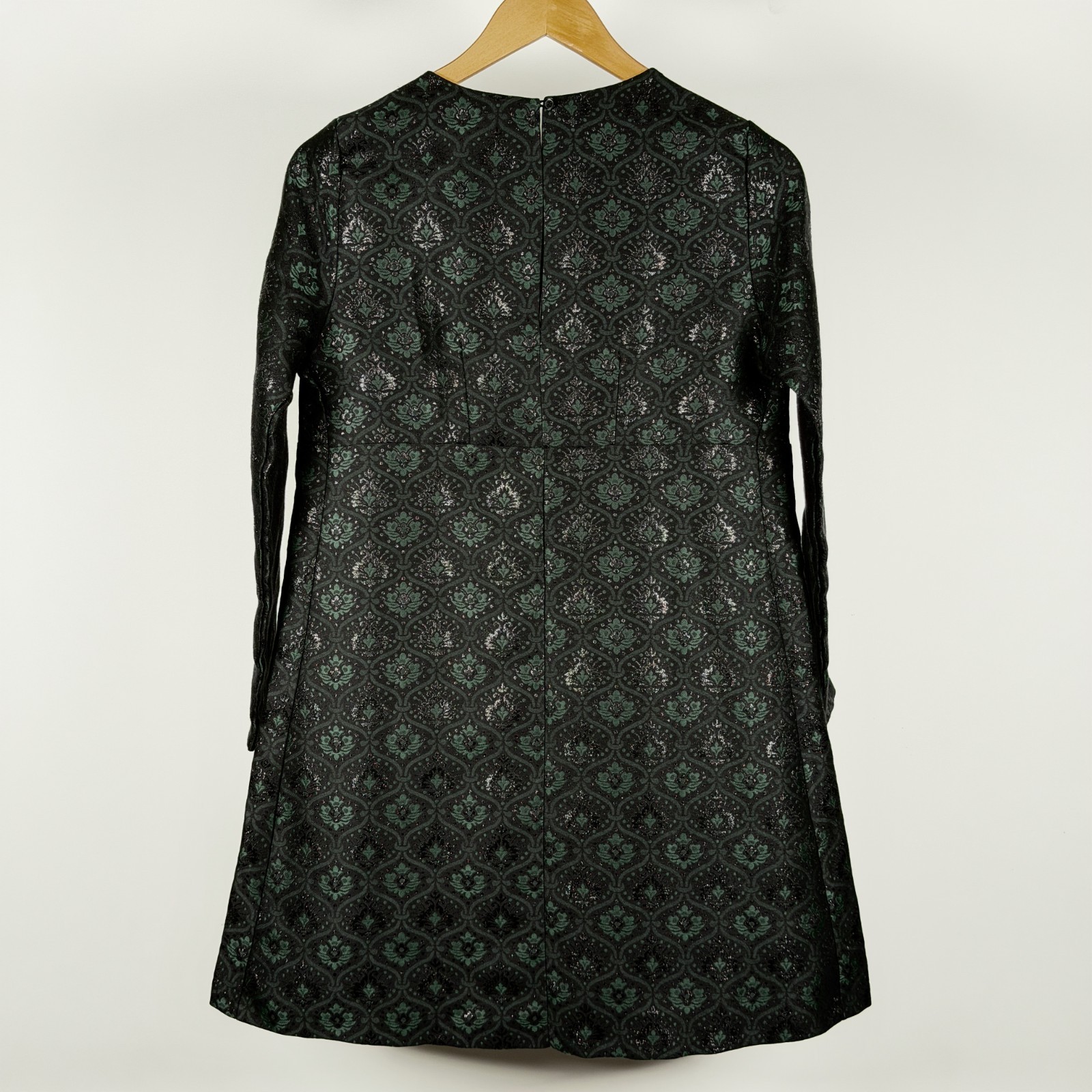 Sister Jane Black Green Jacquard Shift Dress Flared Sleeves Size S Small EUC