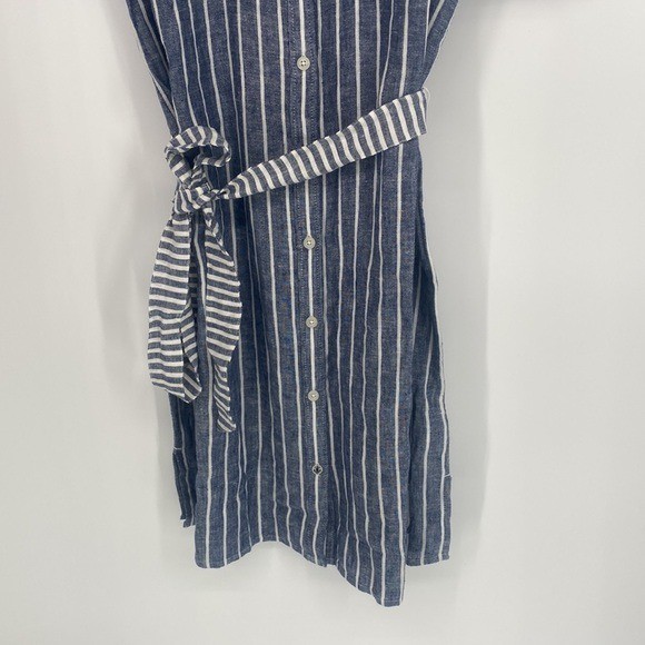 Nautica | Blue & Bright White Stripe Linen-Blend Belted Shirt Dress Medium NWT