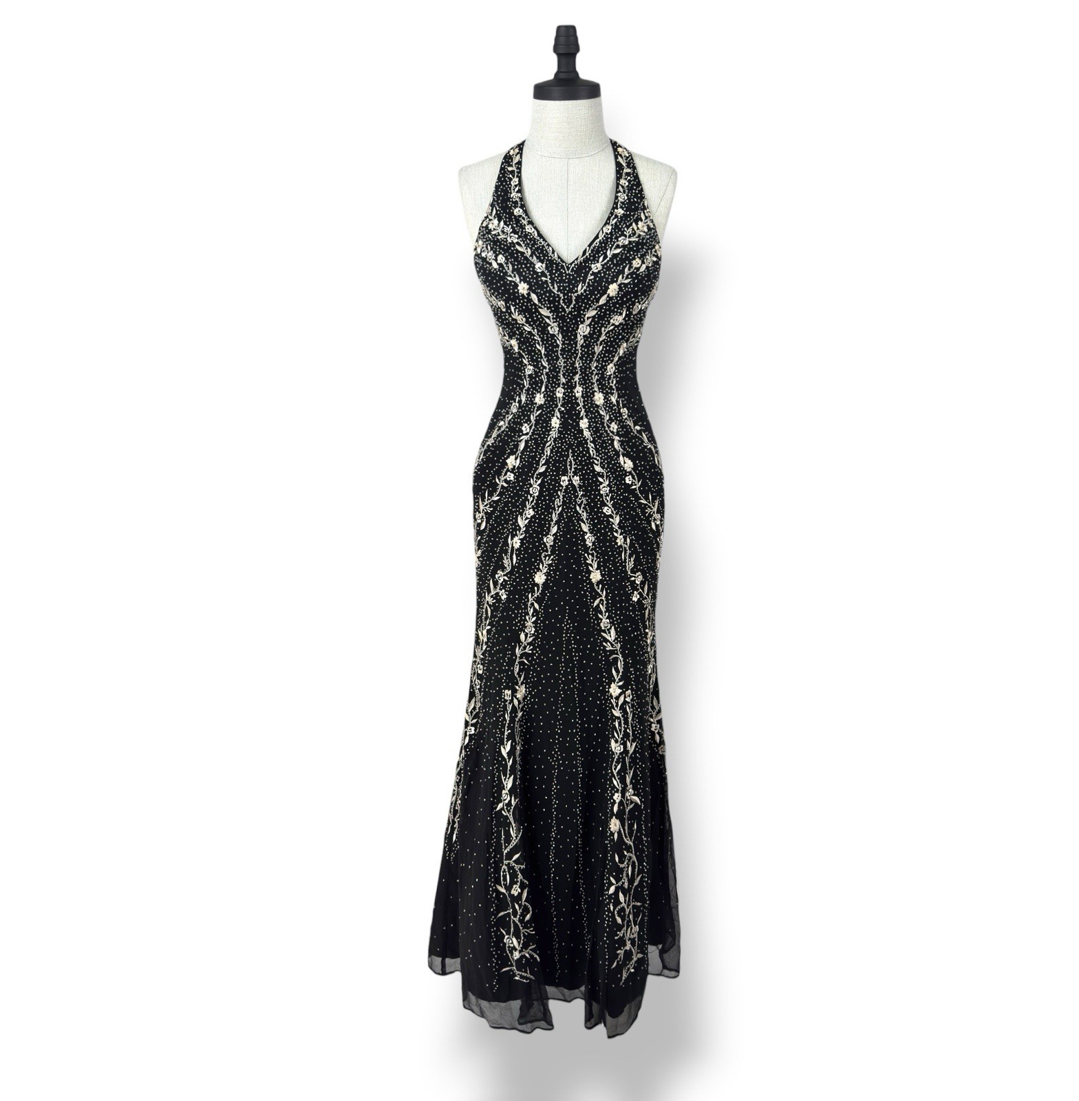 Silk Beaded Halter Evening Dress Black Embroidered Mermaid Gown Y2K Glam