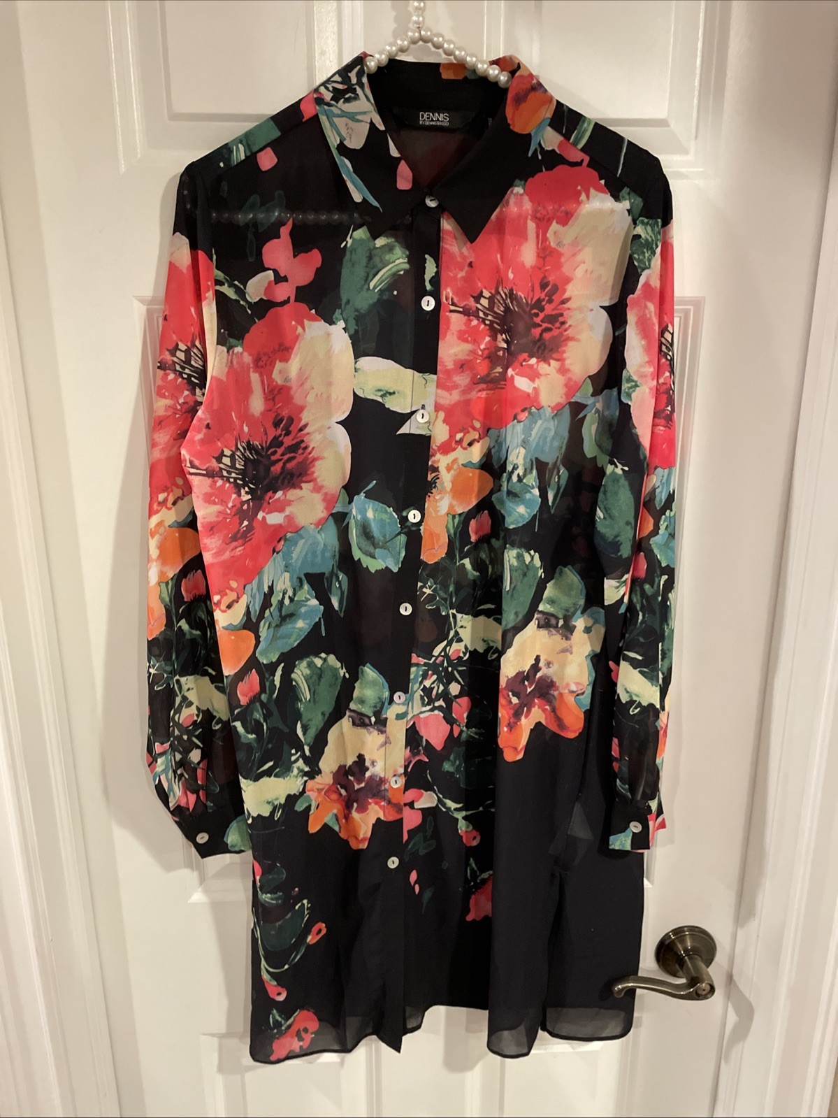 Dennis By Dennis Basso Chiffon Dress Size 8 Black Multi Color Button Up Pockets