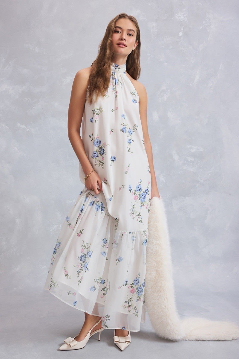 Francesca’s Mi Ami Willow Halter White Blue Pink Floral Maxi Dress NWT Women’s L