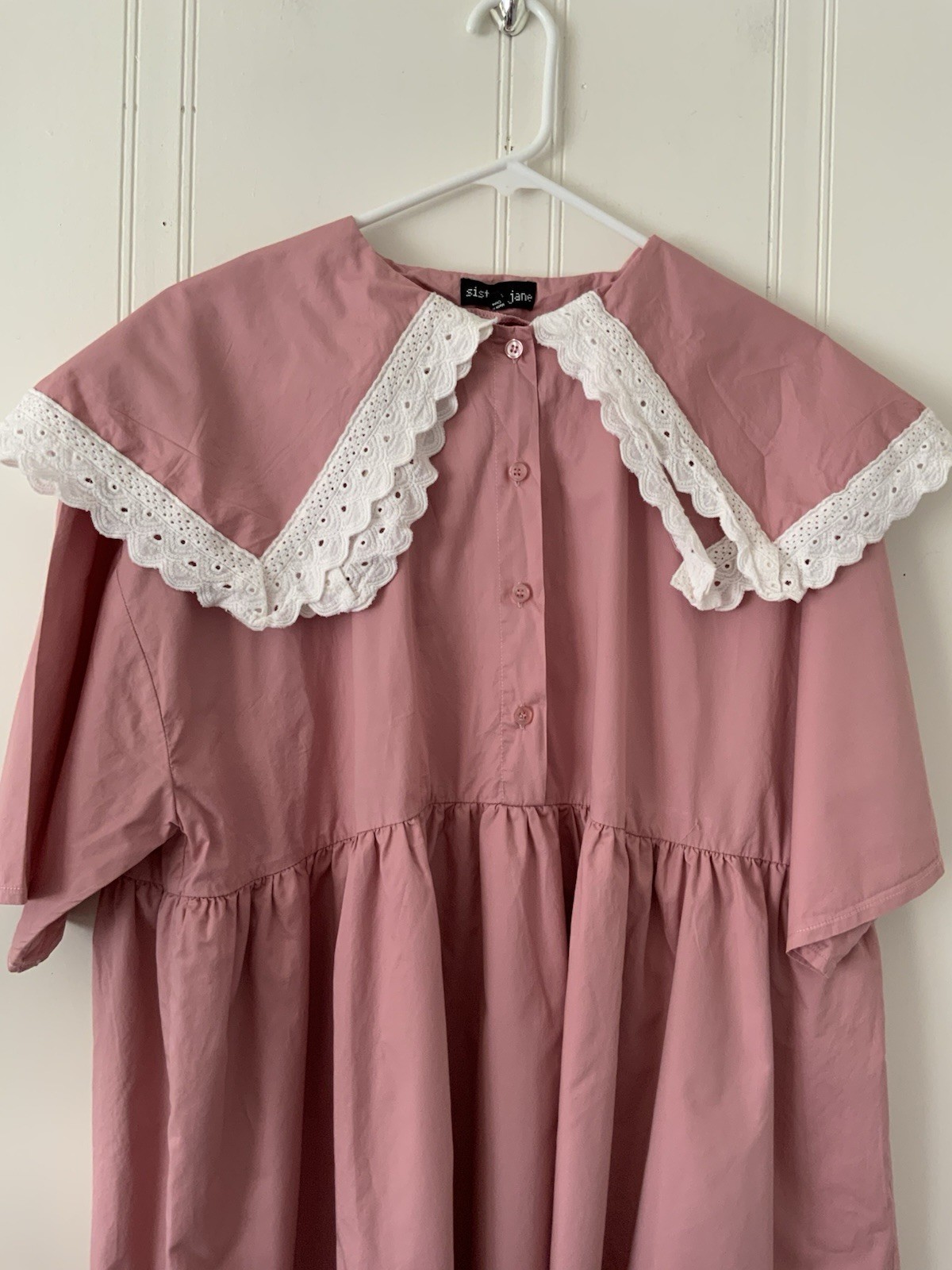 Sister Jane Mini Dress Pink Solid Cotton Eyelet Lace Collar Short Sleeve M