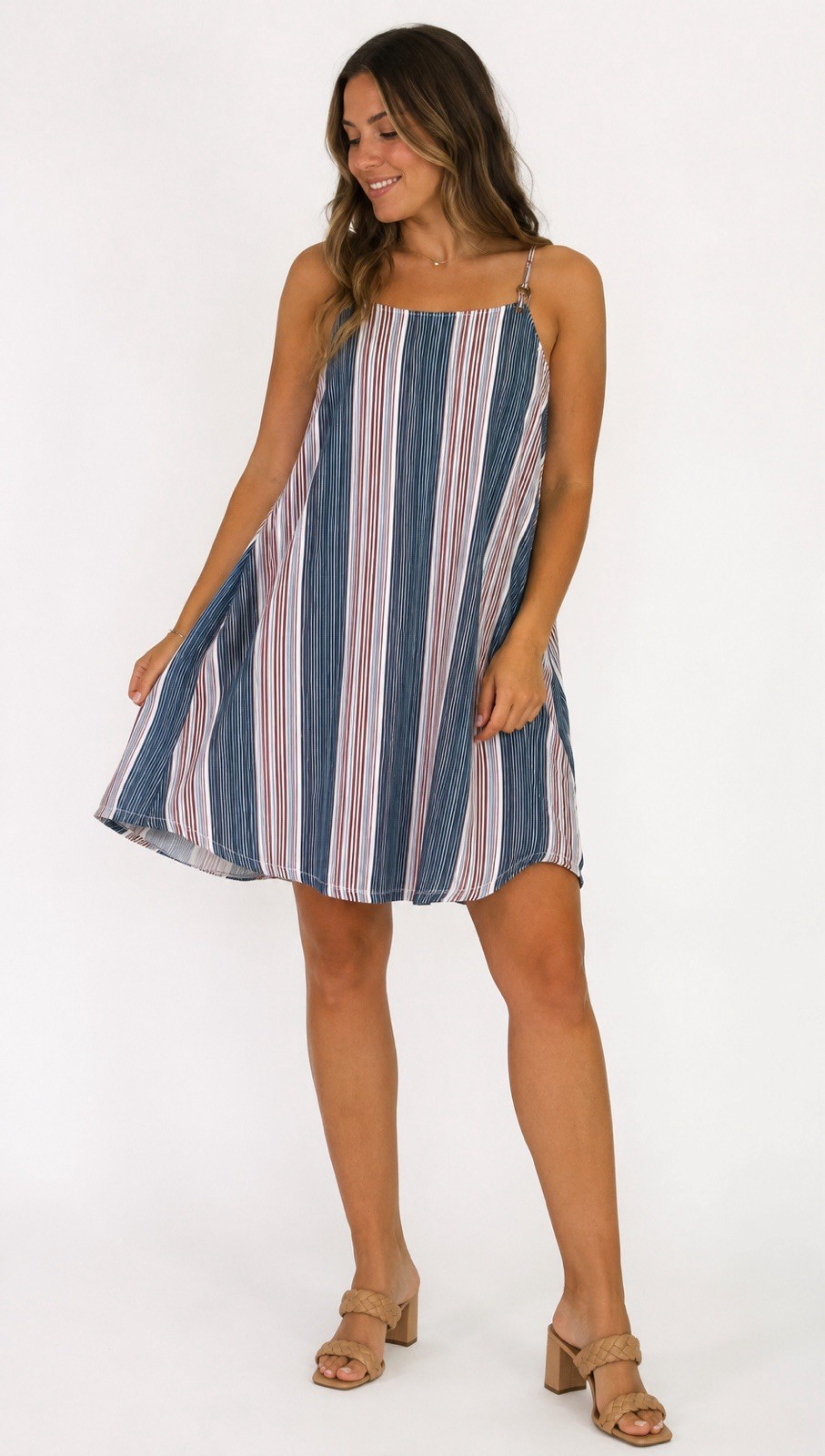 Doe & Rae Women’s Blue/White/Brown Striped Square Neck Mini Sundress, L