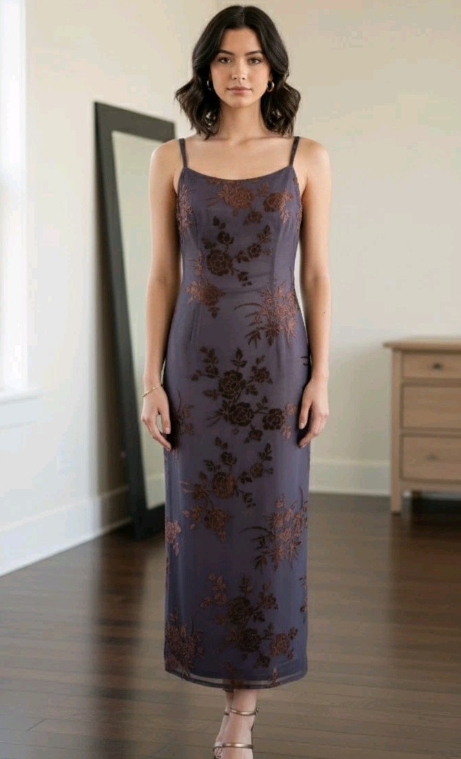 Vintage 90s Y2K Velvet Burnout Floral Maxi Dress Womens 9 Goth Boho Purple Fairy