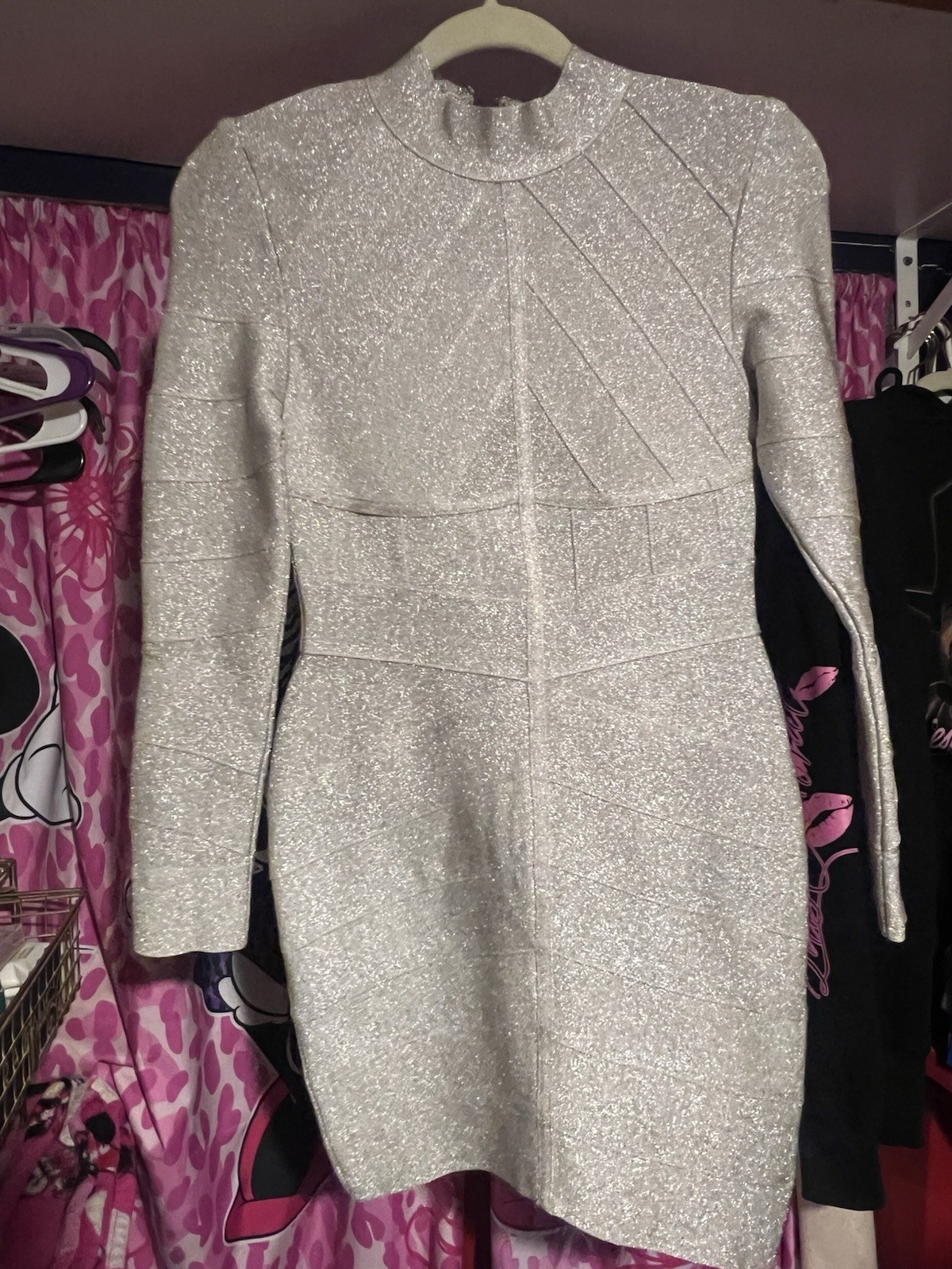 Women’s Silver Metallic Glitter Long Sleeve High Neck Zip Pencil Mini Dress L