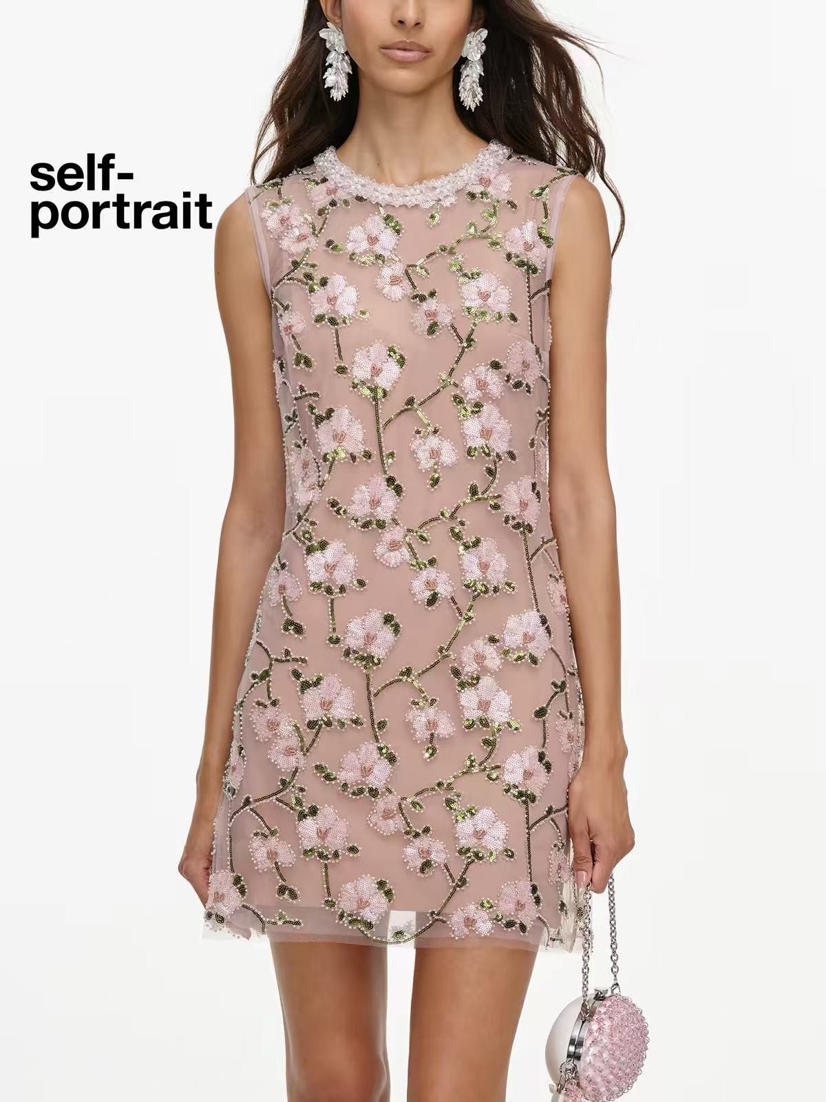 Self-Portrait Pink flower embroidery bead decoration sleeveless dress short skir