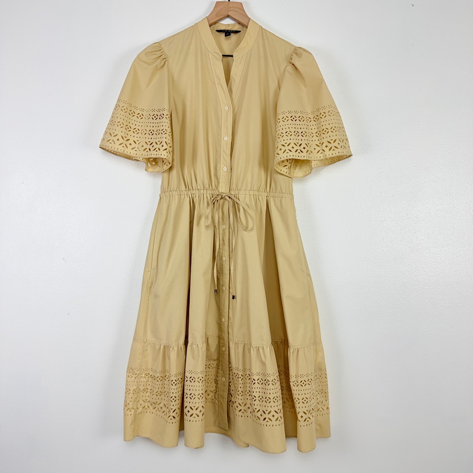 Lauren Ralph Lauren Eyelet Laser Cut Poplin Midi Dress Size 8 Beige Feminine