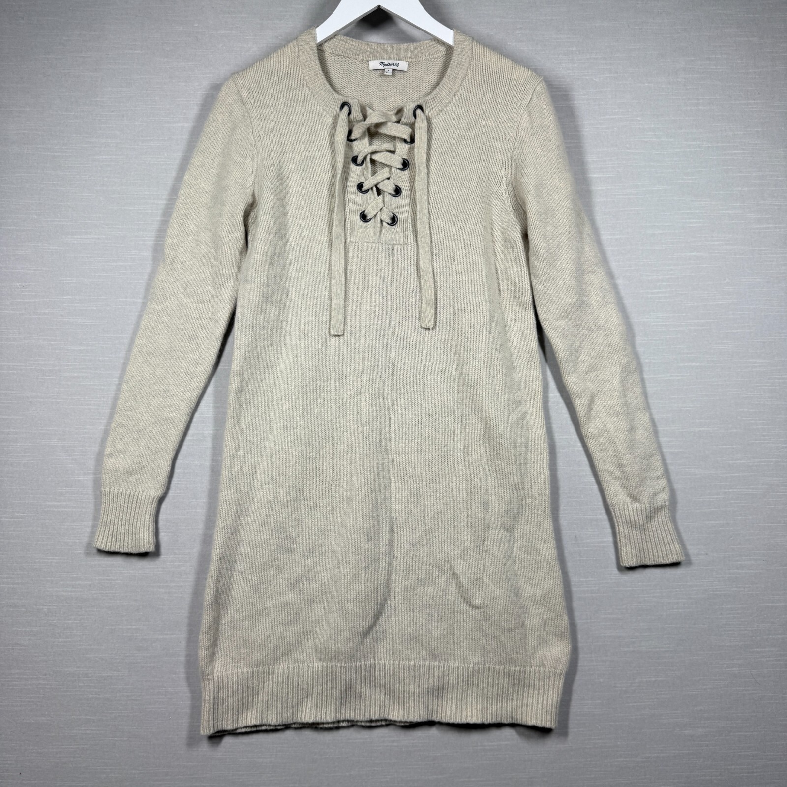 Madewell Dress Womens Medium Beige Sweater Midi Merino Wool Cozy Warm Lace Up