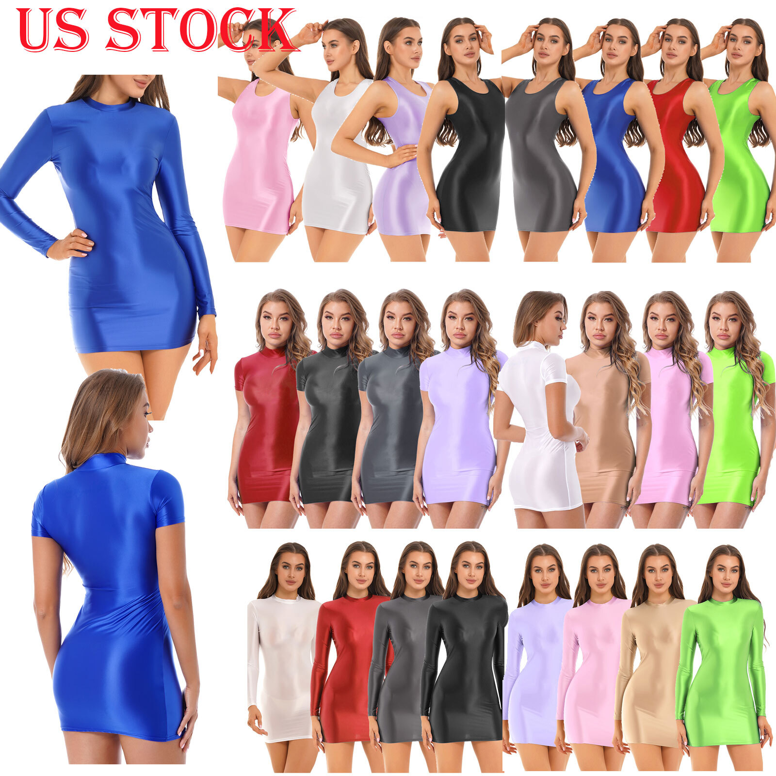 US Women’s Shorts Bodycon Dress Oil Shiny Mini Micro Tight Pencil Dress Clubwear