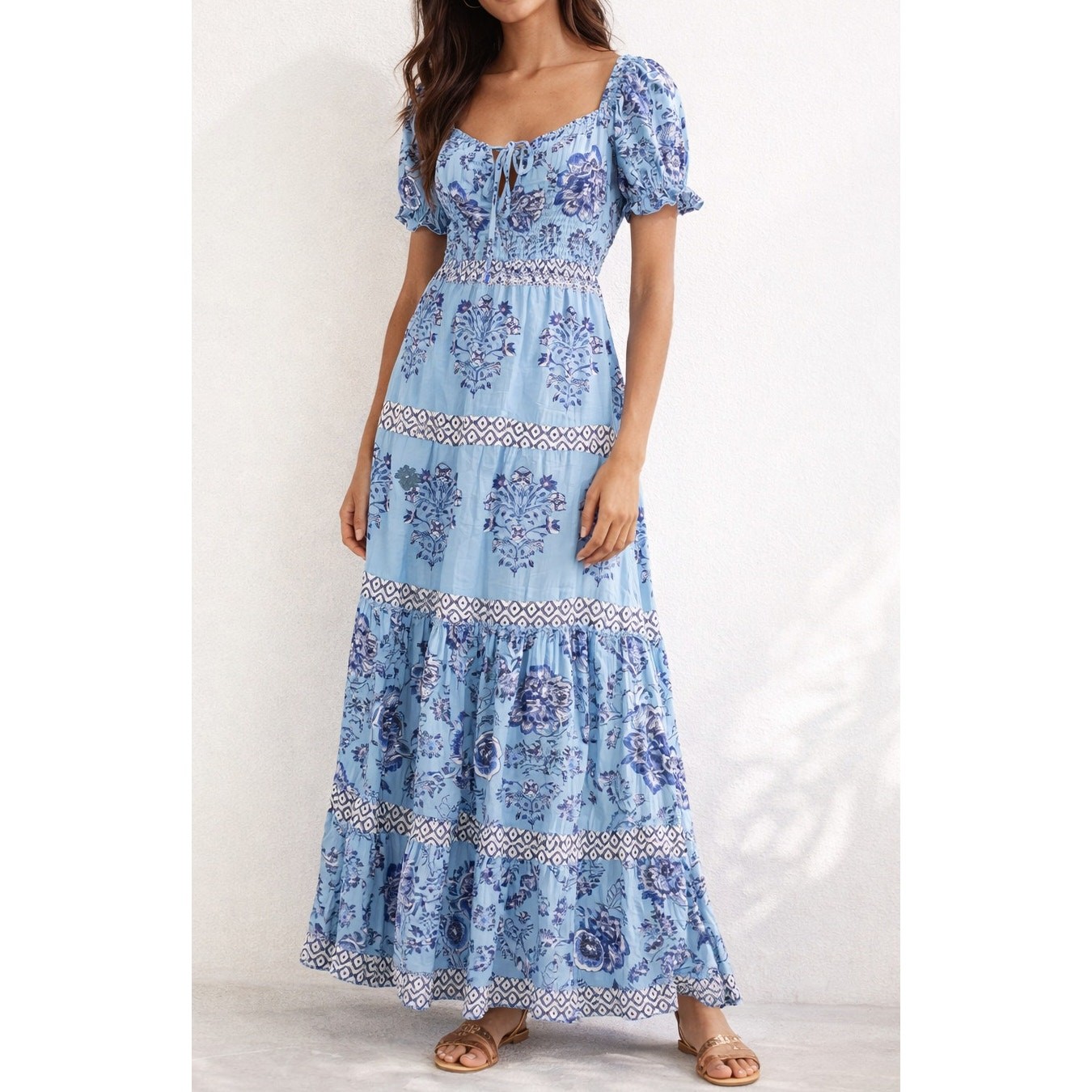 Celina Moon Short Puff Sleeve Printed Tie Front Maxi Dress Blue Medium