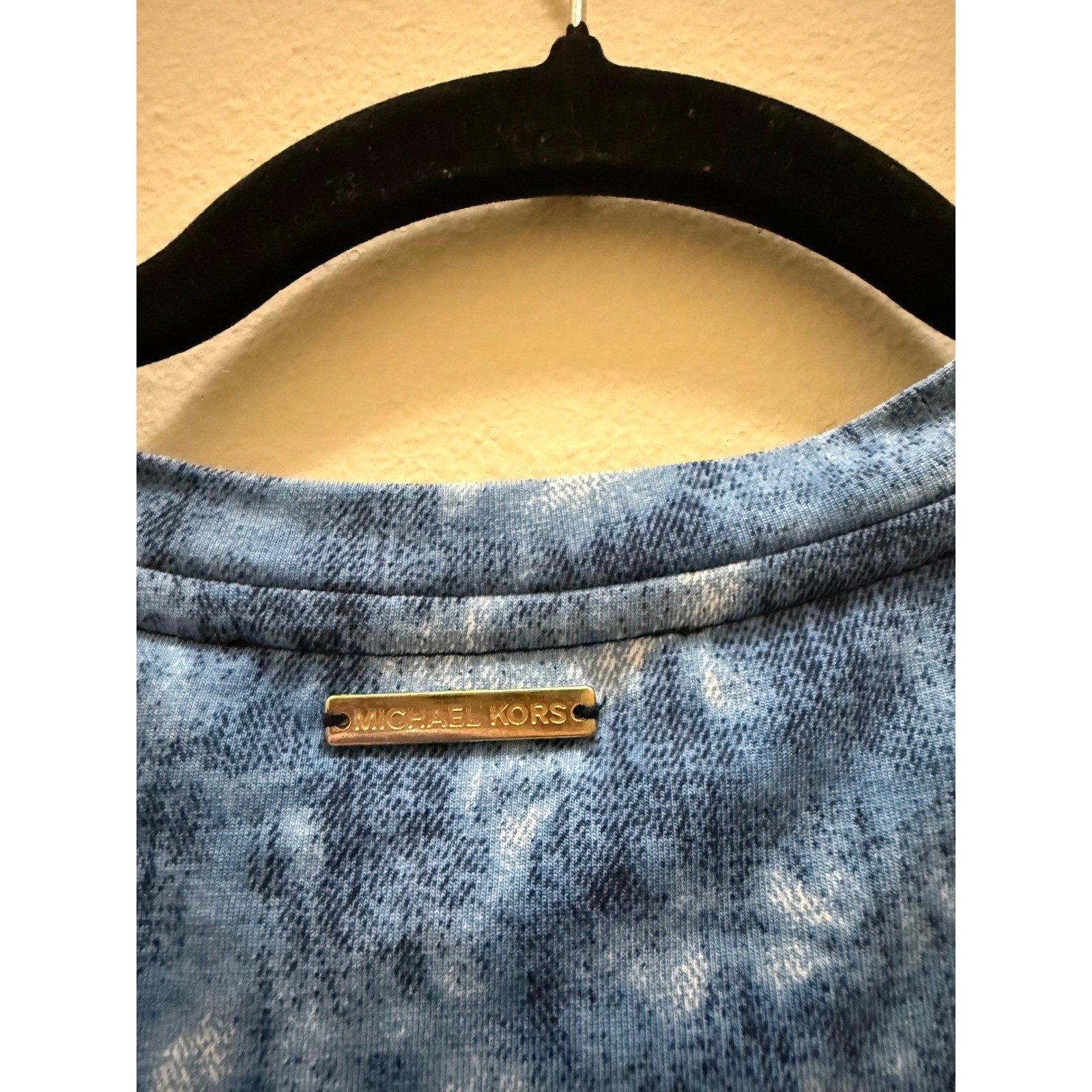 Michael Kors Sun Waves Ruched Bodycon Midi Dress Blue Tie Dye Stretch – S