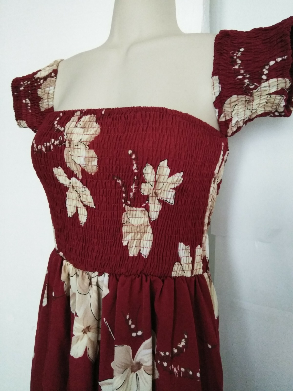 Pretty Burgundy* Cream Floral Off Shoulder Elastic Waist High Low Maxi M