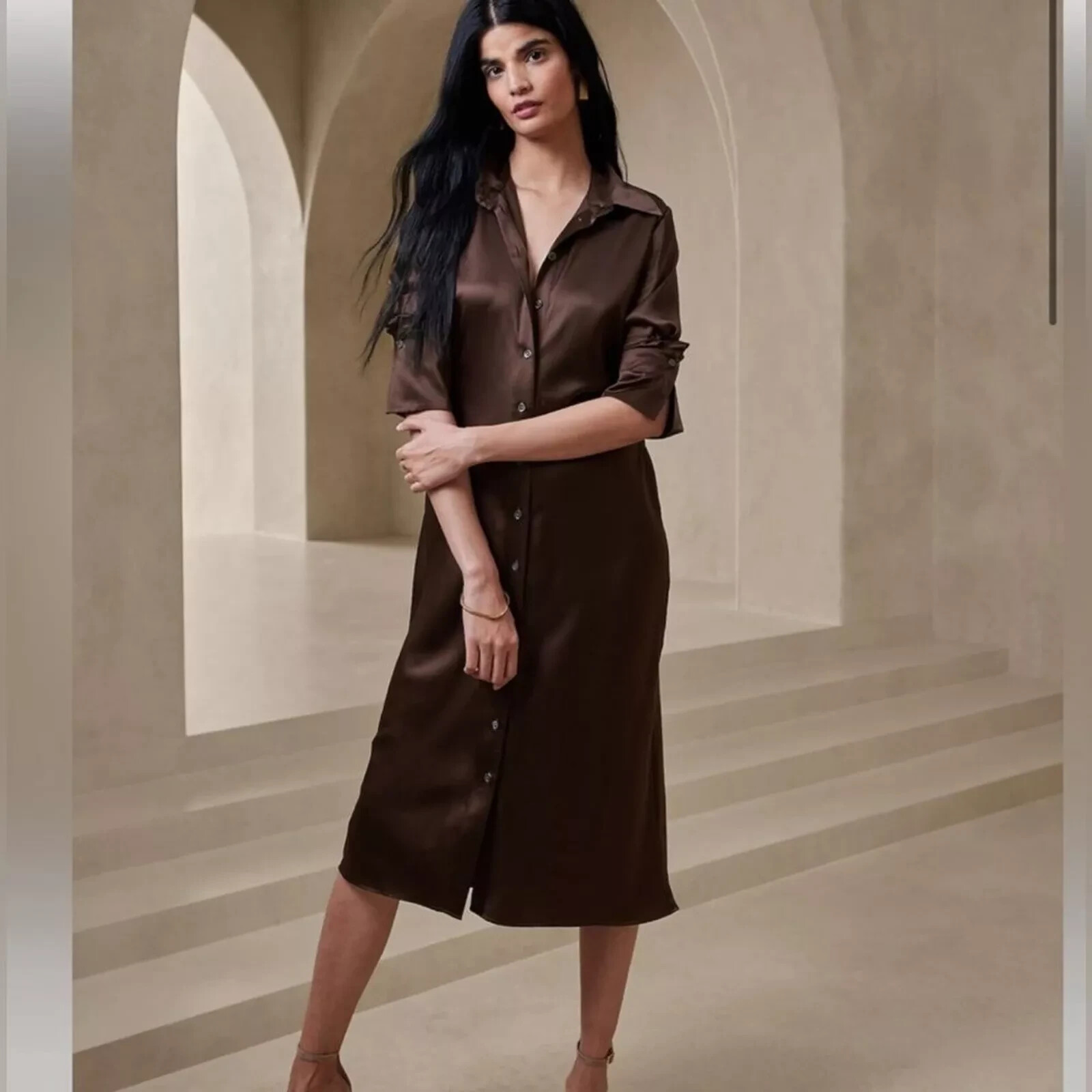 NWT Banana Republic Enchant Silk Shirtdress Roasted Cocoa Brown Sz XS