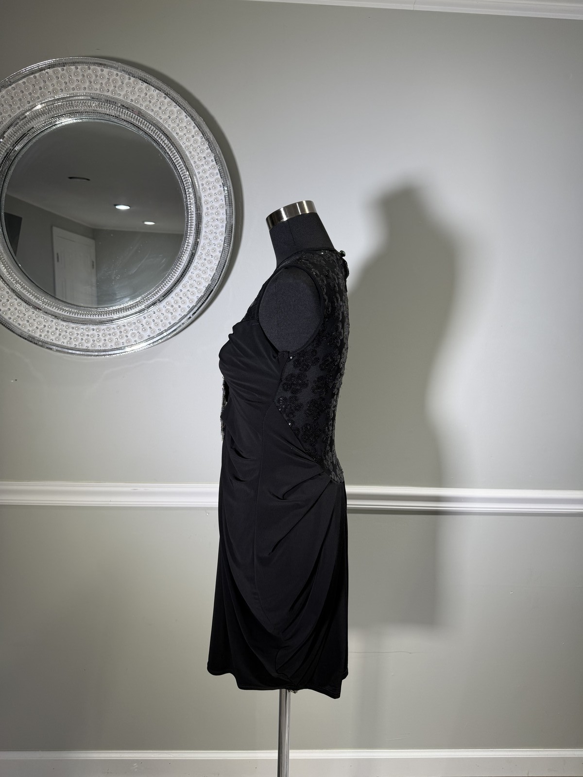 Tanita Romario Black Sequin Jeweled Draped Cocktail Dress Size 4-6