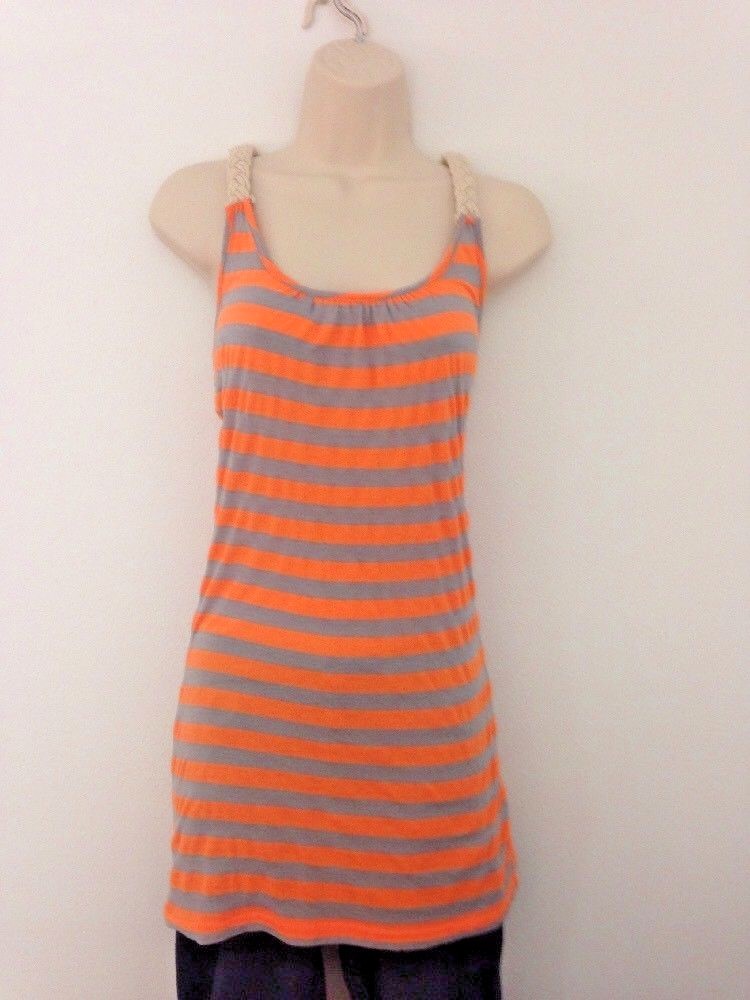 Lagaci Dress Womens Dress Small Halter Tunic Orange Gray Stripe Macrame Straps